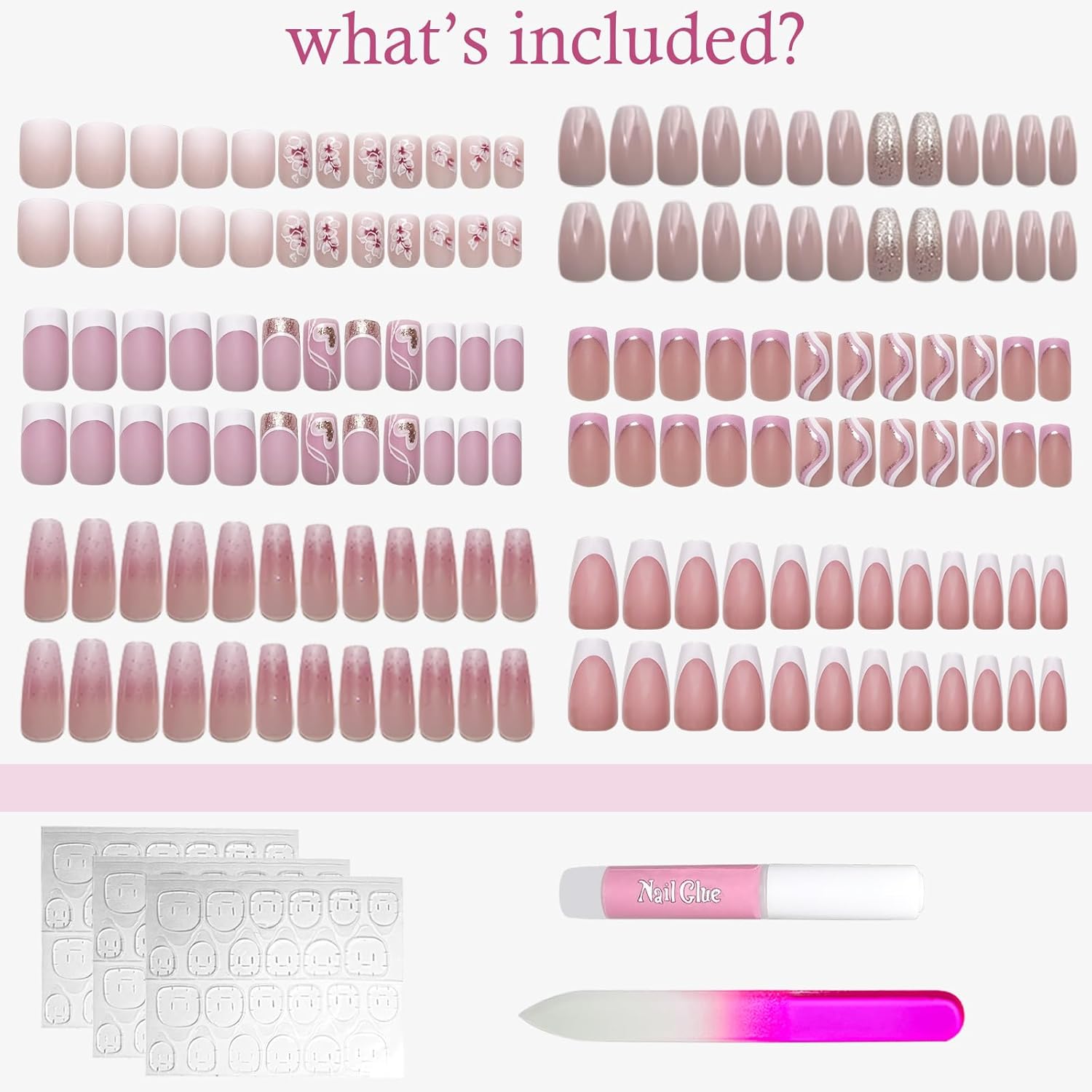 6 Packs (144 Pcs) Press on Nails Medium - Jsiallye Pink Gradient Press on Nails Square Coffin. Glue on with Nail in 12 Sizes - 24 Fake Nails Kit. French Tip Stick on Nails for Women : Beauty & Personal Care