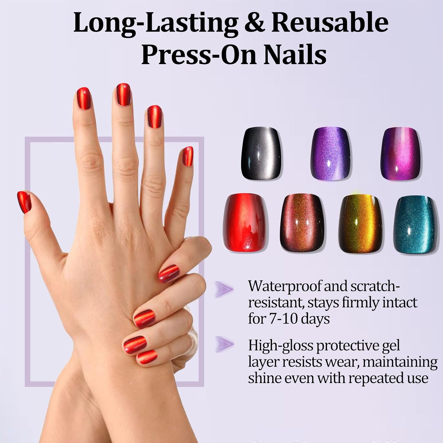 Laza 210pcs Cat Eye Press on Nails for Women 7 Colors Short Square Reusable Nail Tips in 15 Sizes Long Lasting Salon Fake Nails Stick on Artificial Acrylic False Nail Tips — Chameleon Series : Beauty & Personal Care
