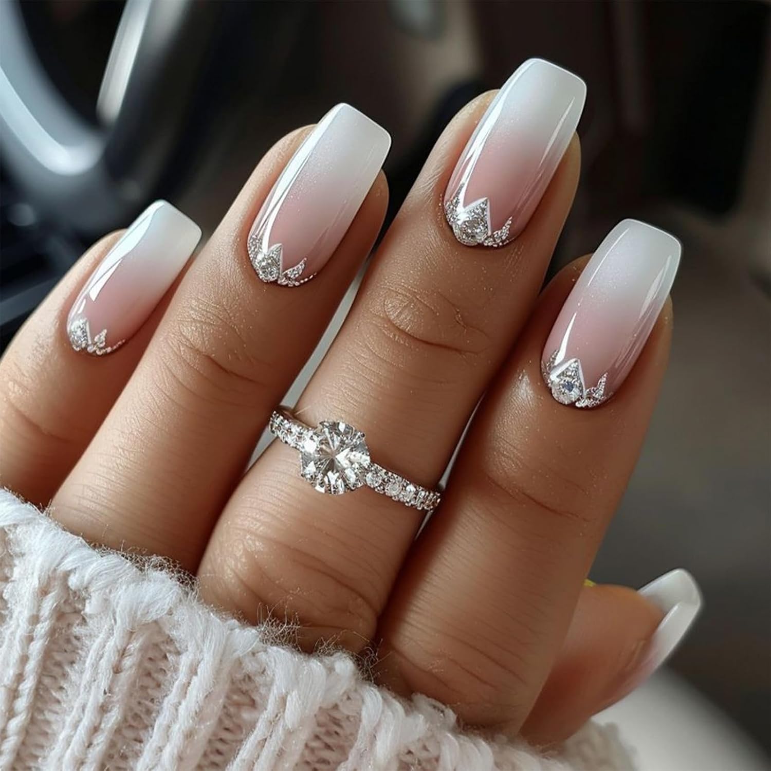 YOSOMMK Press on Nails Short Square Fake Nails with Flower Designs Nude Pink Glossy Full Cover Stick on Nail Bling Sequins Acylic Nail for Women and Girls : Beauty & Personal Care