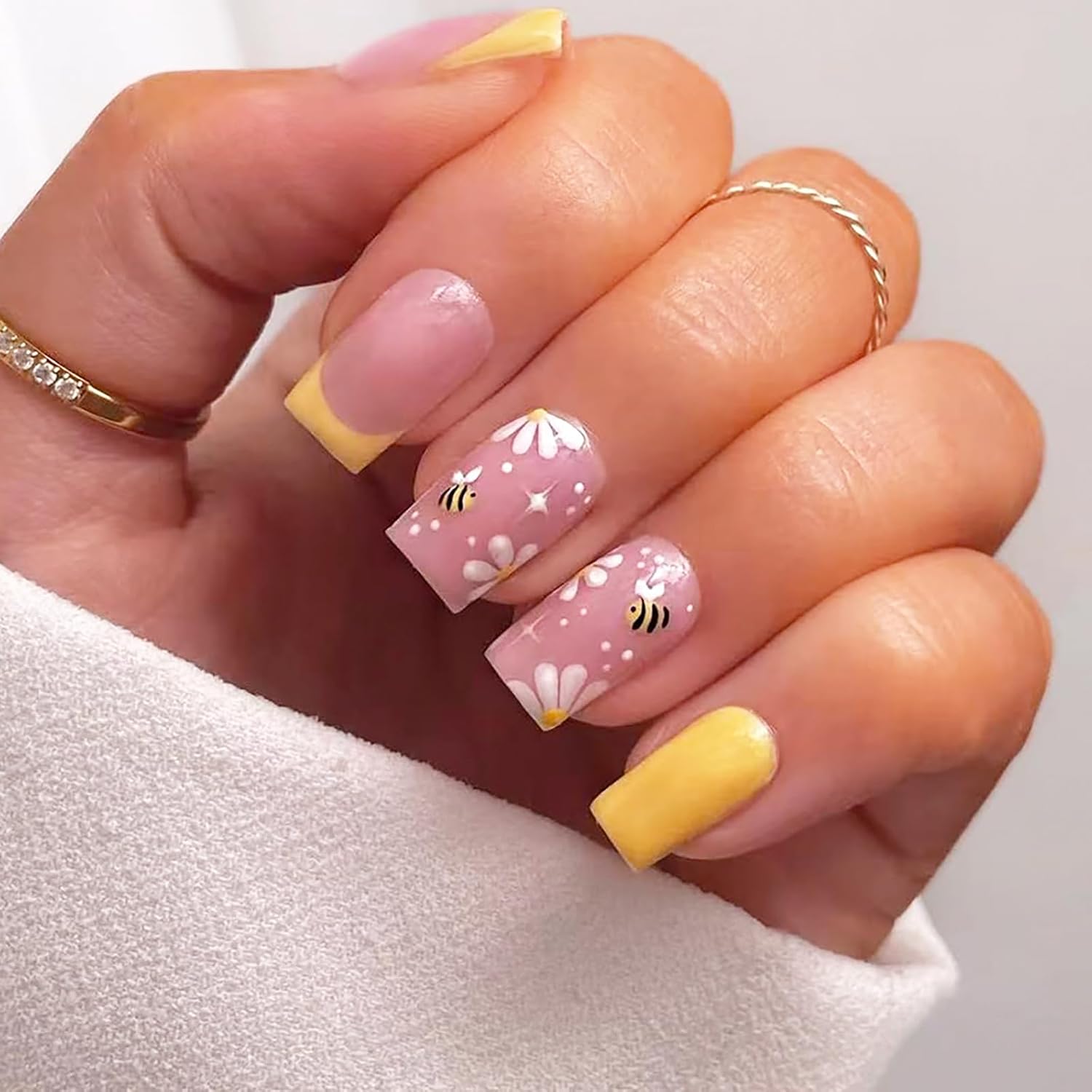 24Pcs Colorful Flower Press-On Nails - Short. Square. Fake. Spring-Summer Nail Art Set. Light Pink Acrylic. Full Cover Glossy False Nails for Women & Girls : Beauty & Personal Care