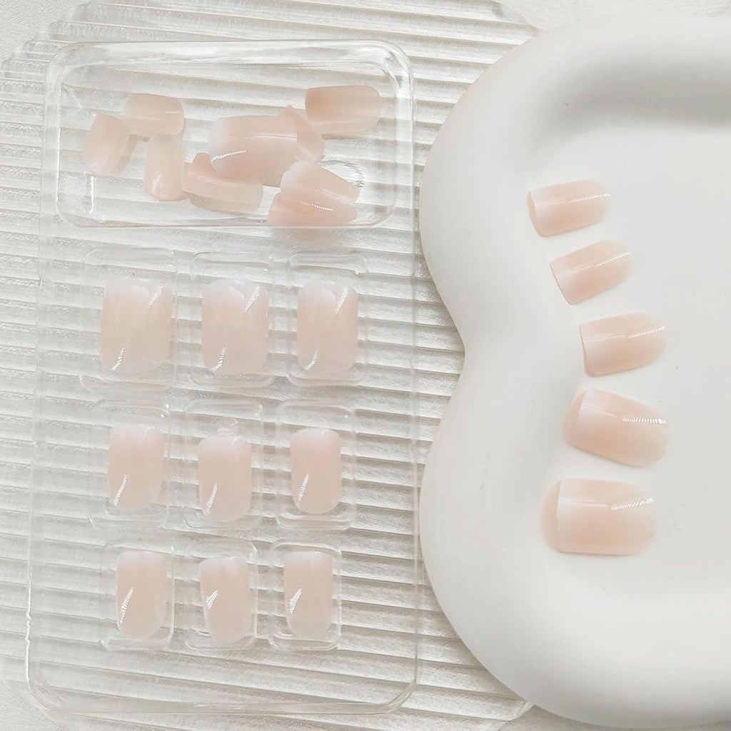 Short Press on Nails Square Nude Ombre Fake Nails Press ons White Glue Stick on Nails with Designs Full Cover Acrylic Glossy Artificial Cute False Nail for Women Girls 24 Pcs : Beauty & Personal Care