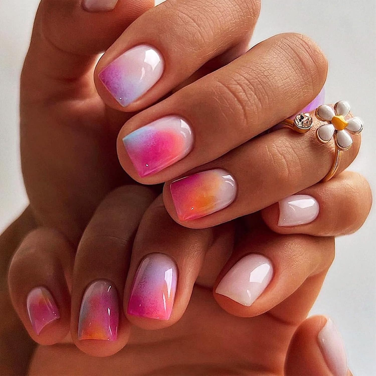 24Pcs Gold Curve Line Press on Nails Sea Acrylic Fake Nail Glossy Blue Gradient Medium Square False Nails Love Heart Stick on Fingernails Seaweed Gel Glue on Nail for Coquette Women Girls : Beauty & Personal Care