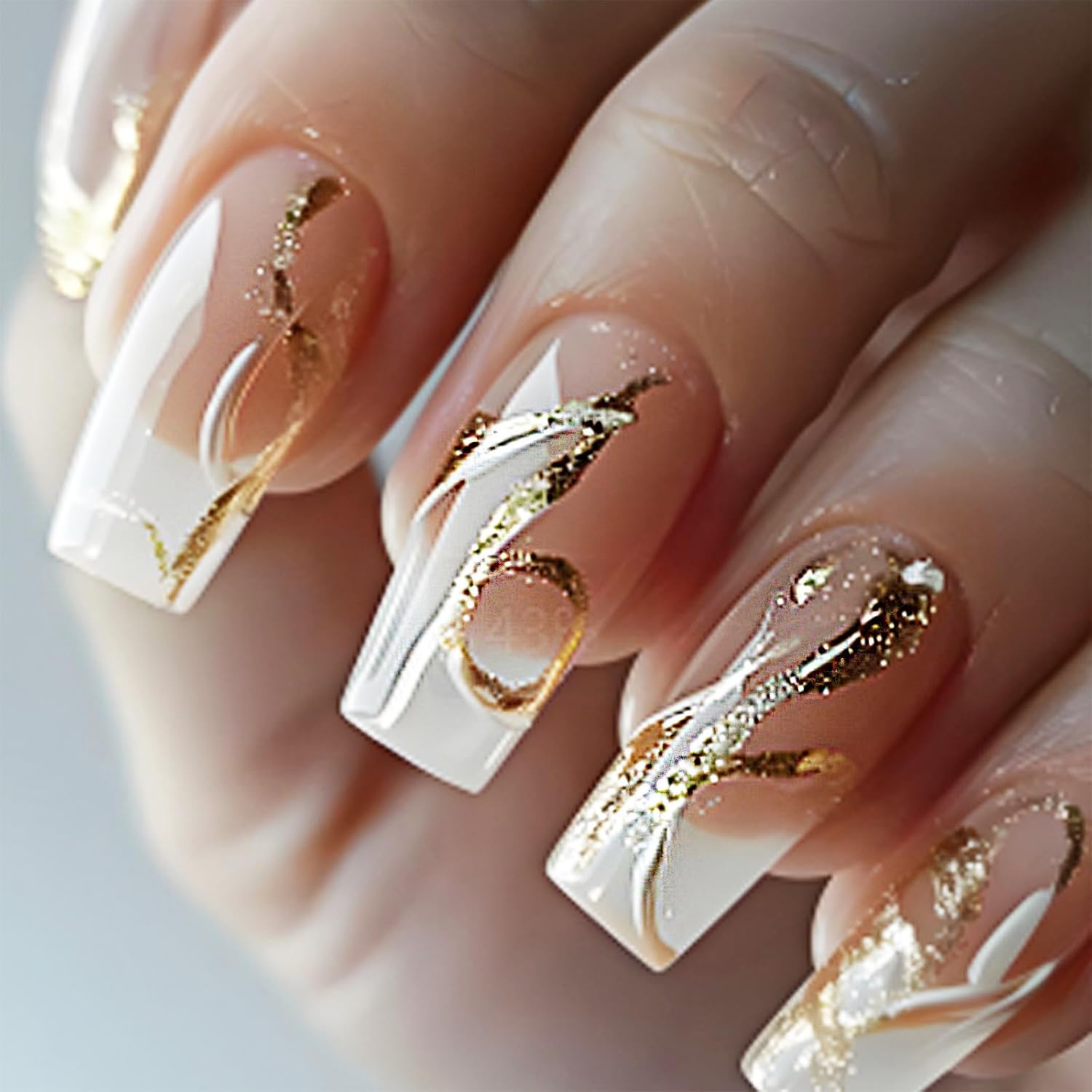 24Pcs Gold Curve Line Press on Nails Sea Acrylic Fake Nail Glossy Blue Gradient Medium Square False Nails Love Heart Stick on Fingernails Seaweed Gel Glue on Nail for Coquette Women Girls : Beauty & Personal Care