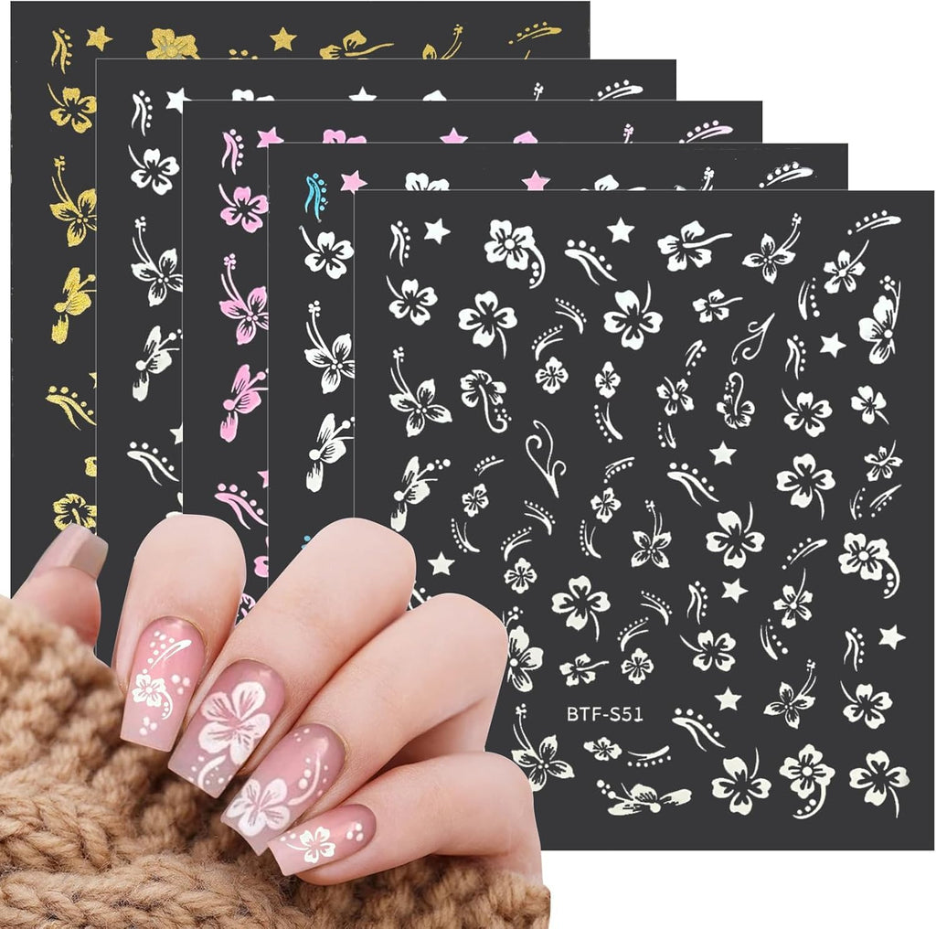 MUIIGOOD Flower Nail Stickers 10 Sheets Hibiscus Nail Decals White Pink Golden Clear Silver Decals Nail Art Decorations Nail Decals Nail Art Supplies Nail Designs for Women Manicure Tips : Beauty & Personal Care