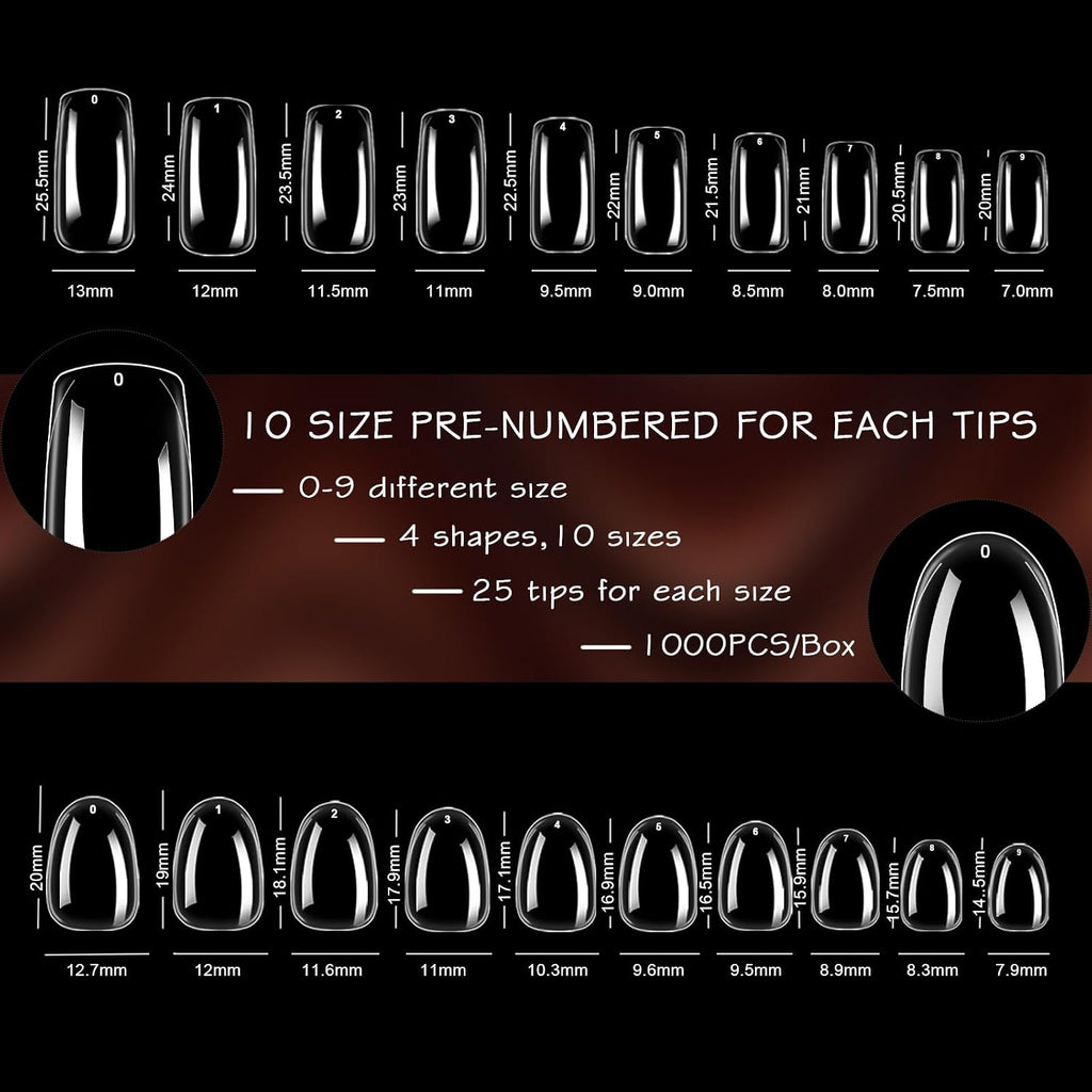 ELLEWIN 1000PCS Nail Tips Clear False Nails Full Cover for Acrylic Nails Kit 10 Sizes 4 Shapes Long Almond Square Coffin Oval Pre-Shape for Salon Home DIY Gifts : Beauty & Personal Care