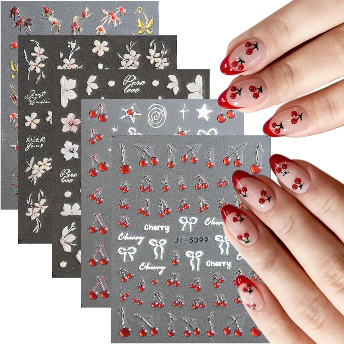 Fcozpjk 5D Embossed White Flowers Nail Stickers. 5 Sheets Self-Adhesive Floral Nail Decals. Spring Rose Butterfly Nail Art. 3D Acrylic Flowers for Manicure Decor : Beauty & Personal Care
