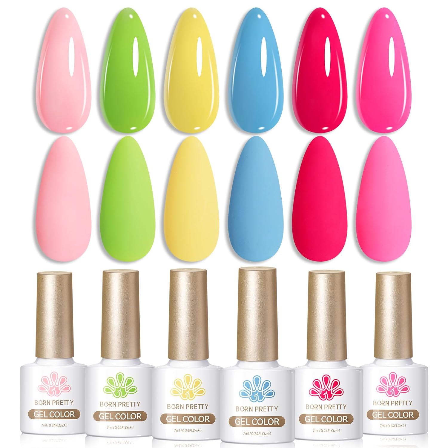 Born Pretty Gel Nail Polish Spring Summer Neon Fluorescent Orange Hot Pink Blue Yellow Green Purple Soak Off U V LED Gel Nail Polish Set Nails Art 7ml 6pcs : Beauty & Personal Care