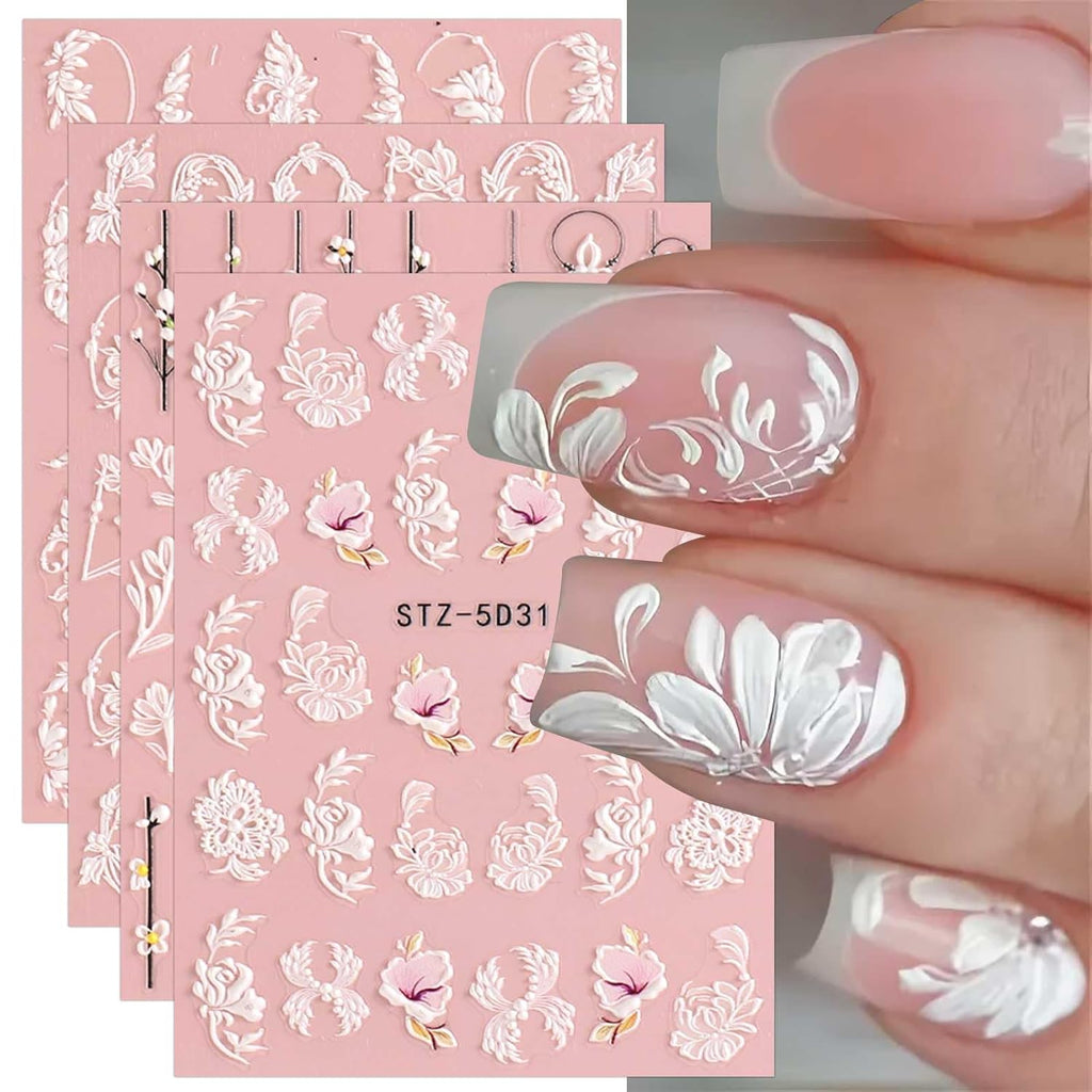 5D Spring Embossed Flower Nail Art Stickers 4 Sheets JMEOWIO Real Self-Adhesive Decals Floral Design Nail Decoration for Women Girls : Beauty & Personal Care