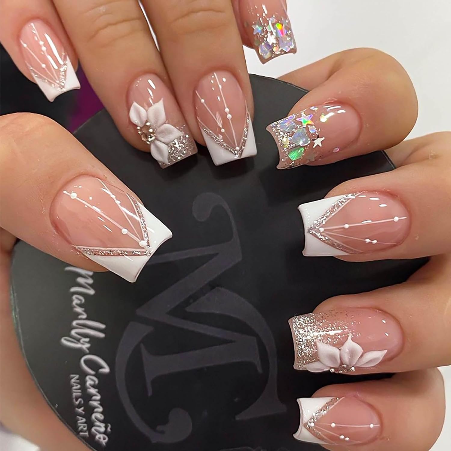 RUOKEXIN Heart Press On Nails Medium Square Fake Nails Glitter Glossy Acrylic False Nails with Rhinestones Designs Ombre Pink Full Cover Press Ons Fall Winter Holiday Stick on Nails for Women 24Pcs : Beauty & Personal Care