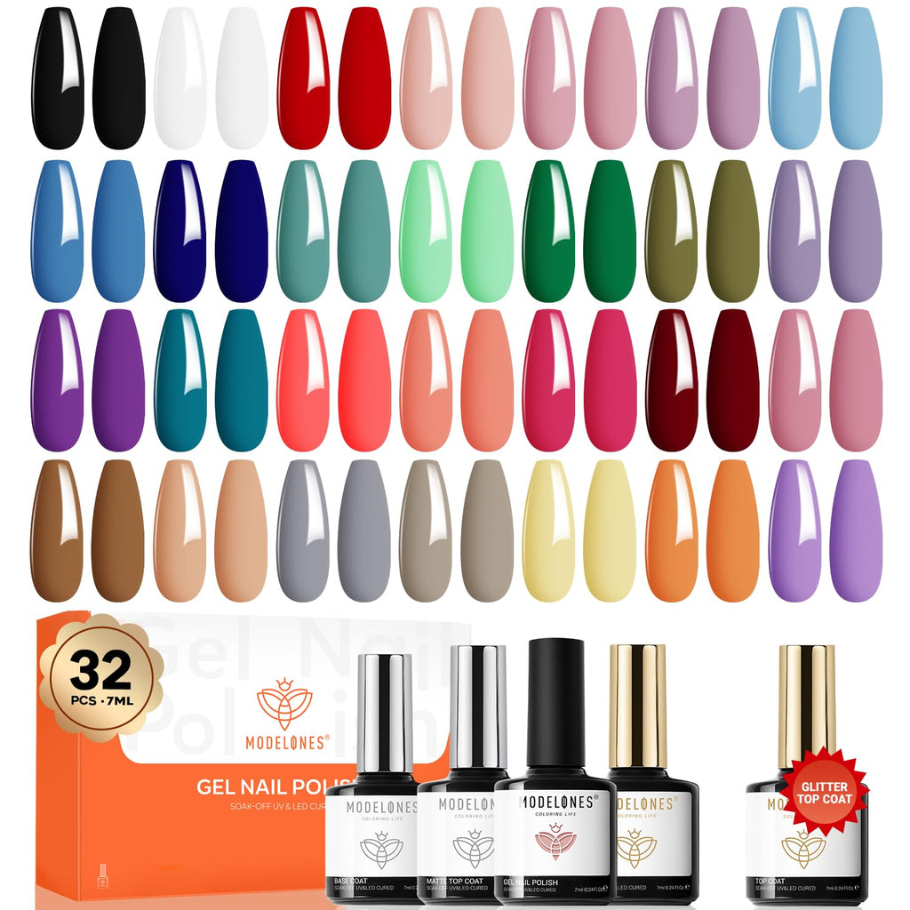 modelones 32 PCS Gel Nail Polish Set. 28 Colors Gel Polish with No Wipe Base Coat. Glitter & Glossy & Matte Top Coat Black Brown Red Purple Soak Off LED Nail Art Kit Salon at Home : Beauty & Personal Care