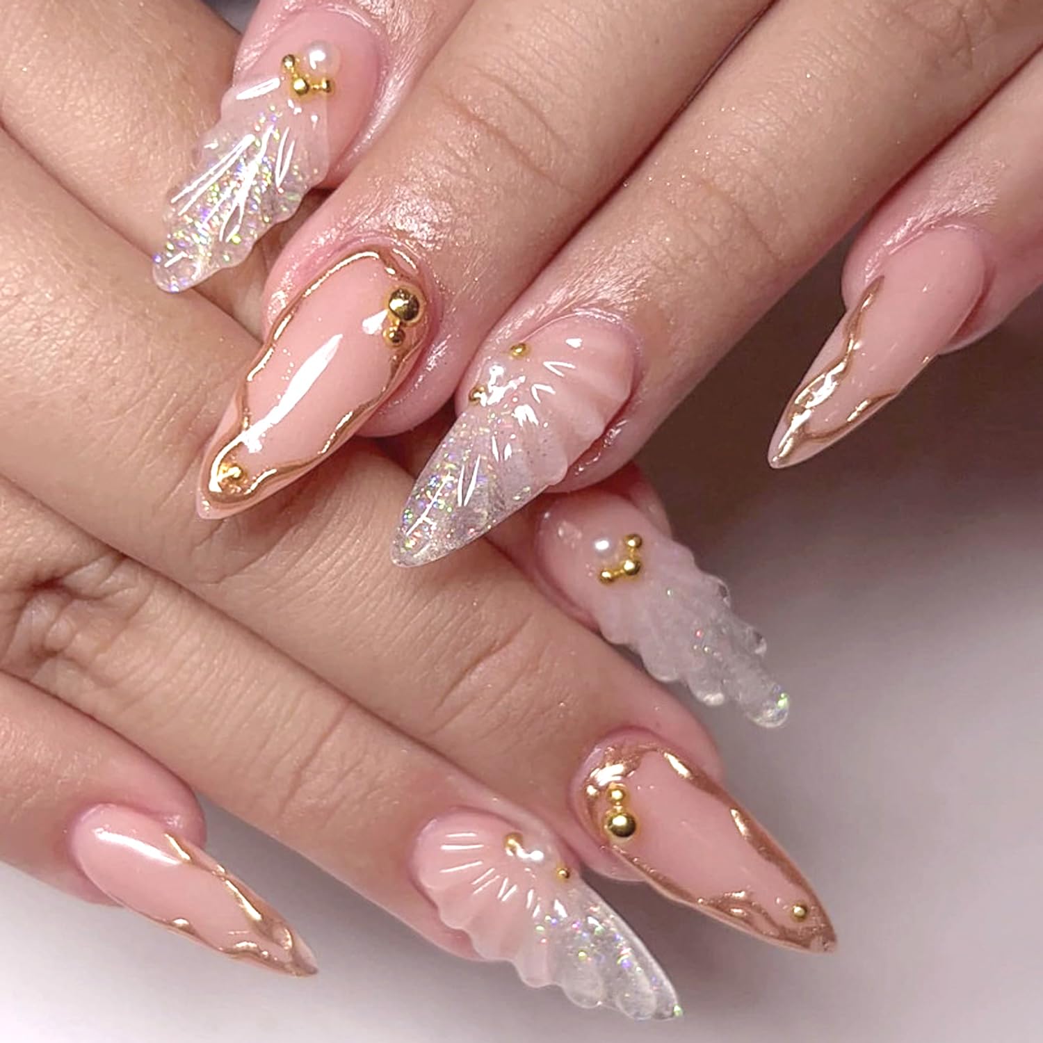 YKZFUI French Tip Press on Nails with Charms. Medium. Cute Bow. Long Square Shape. Acrylic Fake Stick On Nails with Heart and Rhinestones for Women Daily Wear. White : Beauty & Personal Care
