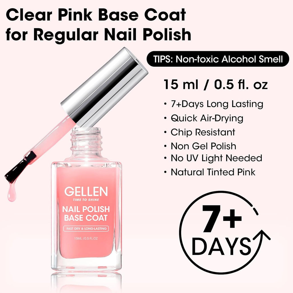 GELLEN Clear Nail Polish Base Coat Pink Tint. Sheer Natural Color Regular Nail Polish Quick Air Dry. Calcium Formula Strengthens Nails. Enhances Natural Look. TPO HEMA Free. Non-toxic. Anti-yellowing : Beauty & Personal Care