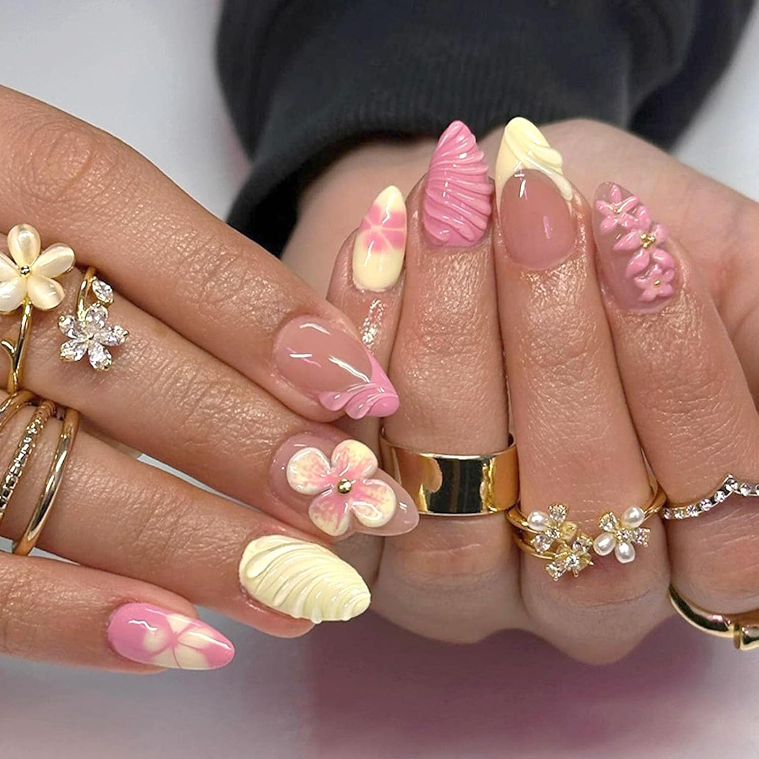 Short Press On Almond Fake Nails - Flower Acrylic Fall Nails Press Ons Full Cover Glue On Cute False Floral Stick On Nails for Women - 30 Pcs : Beauty & Personal Care