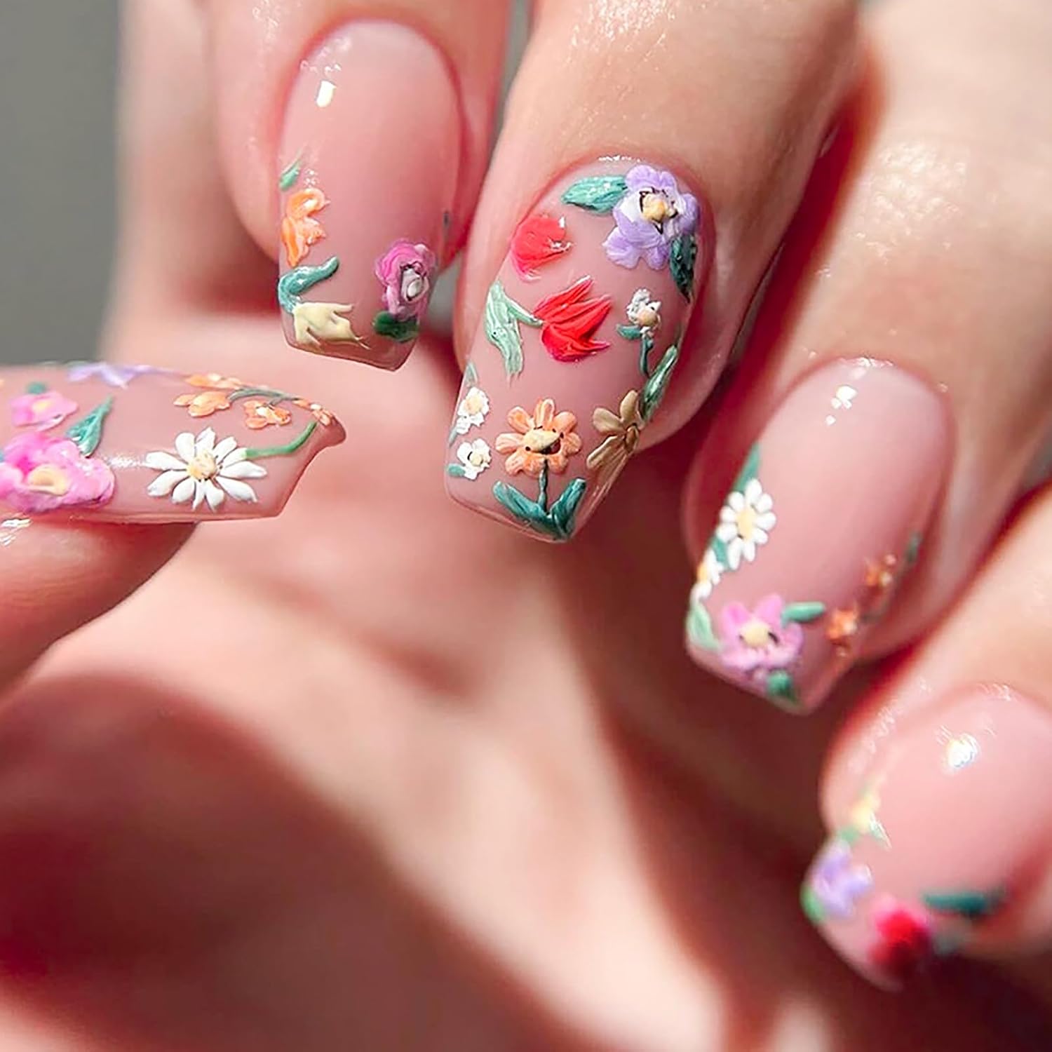 24Pcs Colorful Flower Press-On Nails - Short. Square. Fake. Spring-Summer Nail Art Set. Light Pink Acrylic. Full Cover Glossy False Nails for Women & Girls : Beauty & Personal Care