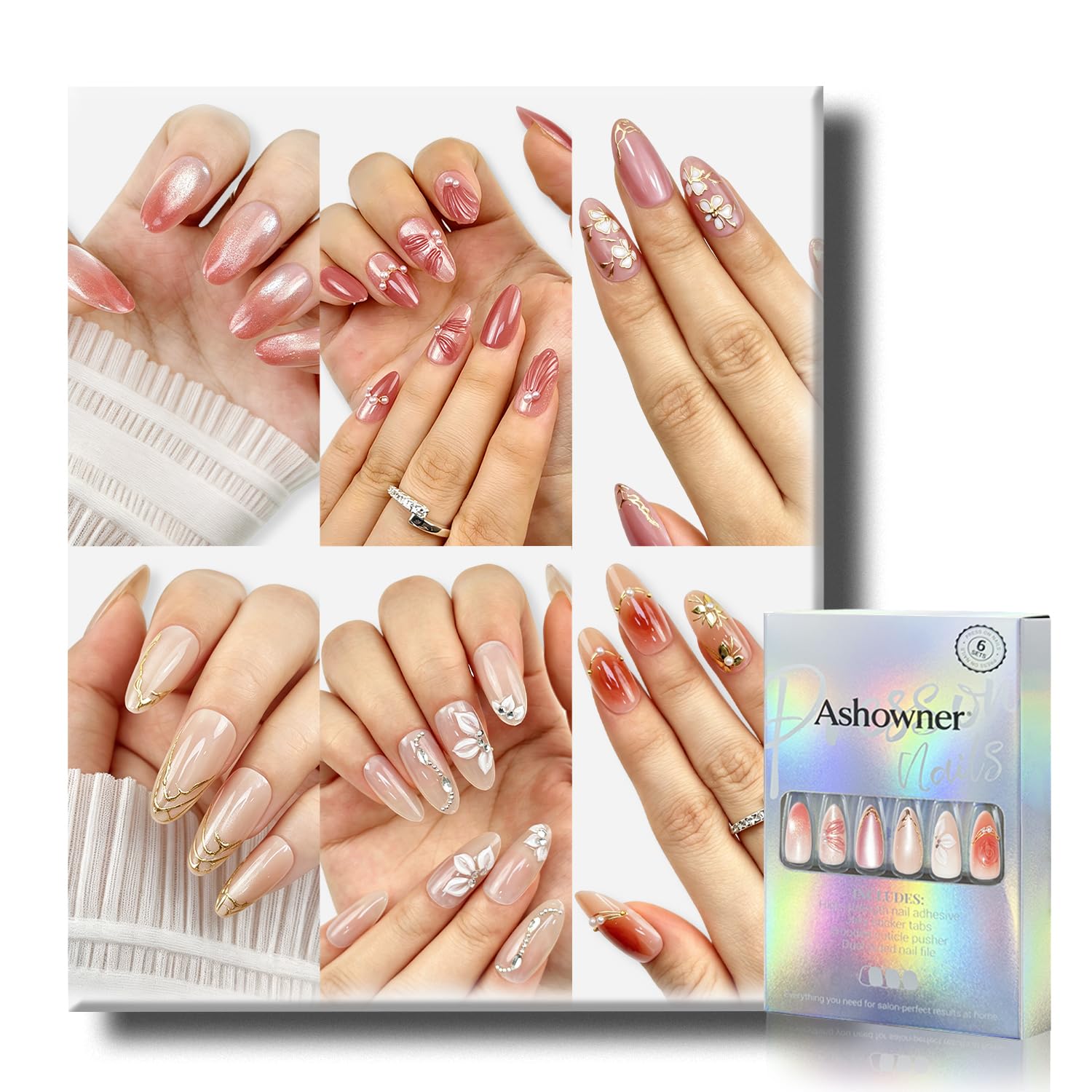 6 Packs (144 Pcs) | Reusable Press on Nails | Stick on Nails 12 Sizes-6 Styles | Cute Bow Nails : Beauty & Personal Care
