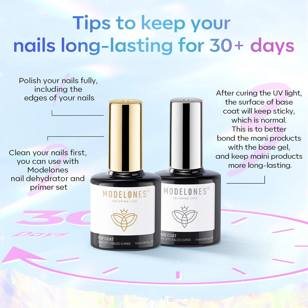 modelones Gel Top Coat. 15 ml 2026 Upgrade Super Shiny Base and Top Coat Set. Soak Off Nail Lamp Acid Free No Wipe Clear Base Top Gel Nail Polish : Beauty & Personal Care