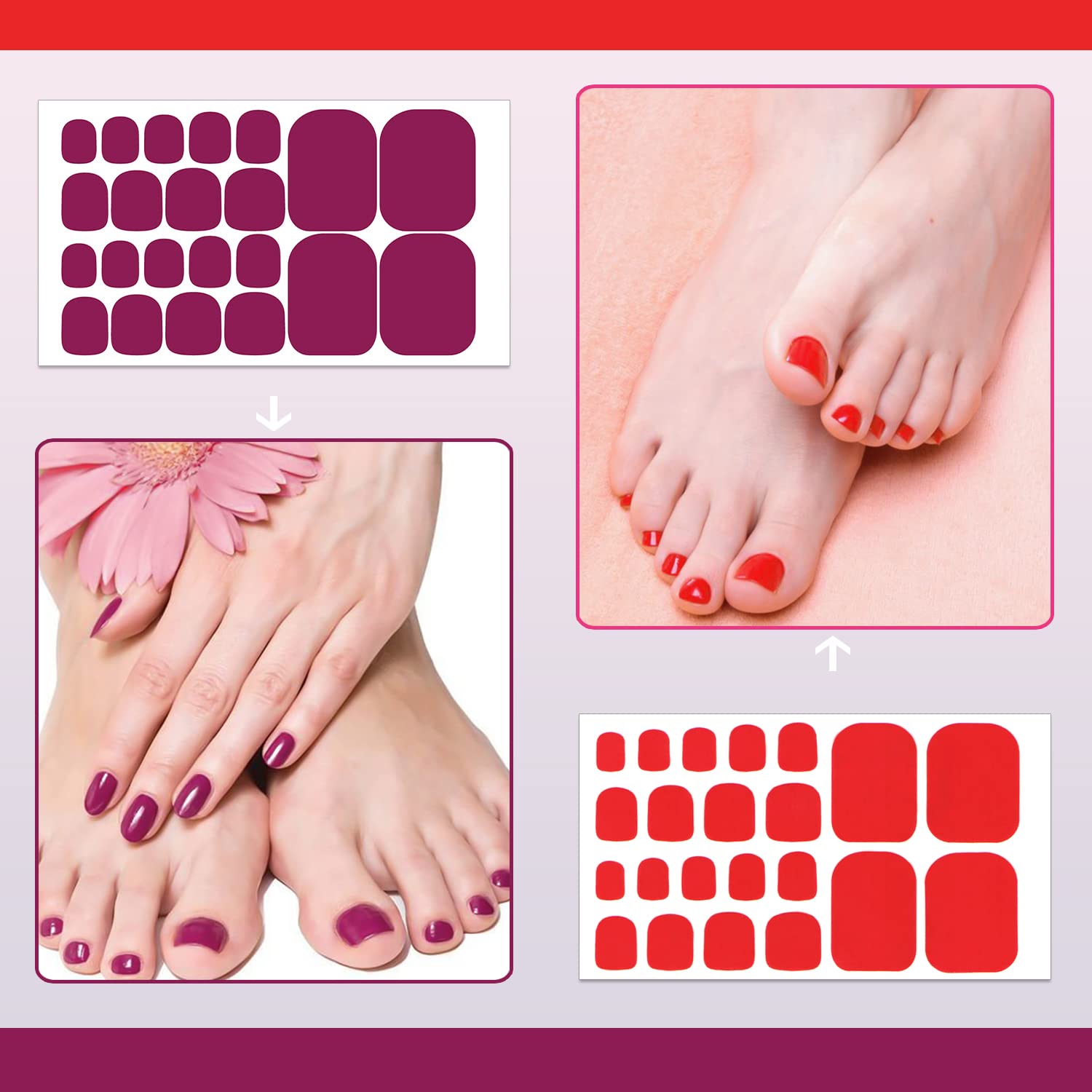 SILPECWEE Toe Nail Stickers Full Nail Wraps Red Solid Color Toenail Polish Strips for Women Self Adhesive Toe Stickers Polish Gel Toenails Stickers with 1pc Nail File (20 Sheets) : Beauty & Personal Care