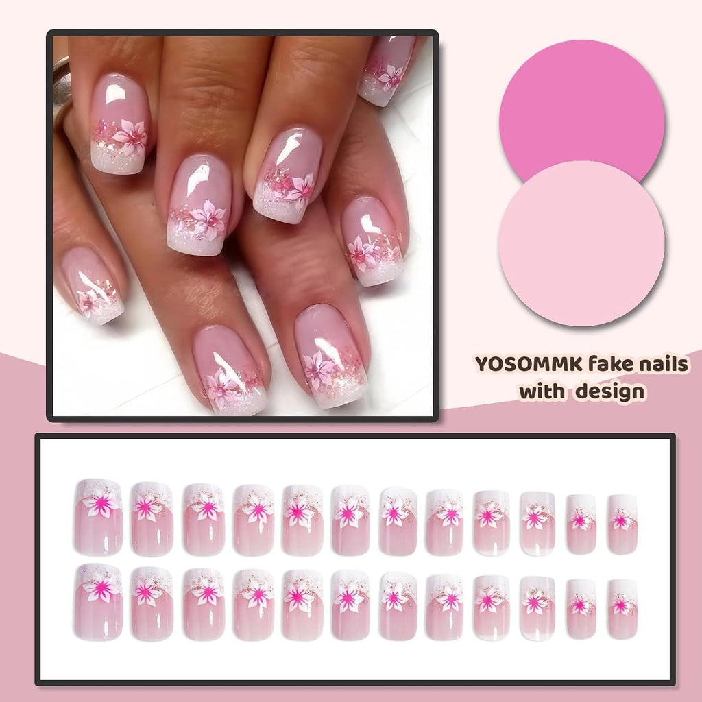 YOSOMMK Press on Nails Short Square Fake Nails with Flower Designs Nude Pink Glossy Full Cover Stick on Nail Bling Sequins Acylic Nail for Women and Girls : Beauty & Personal Care