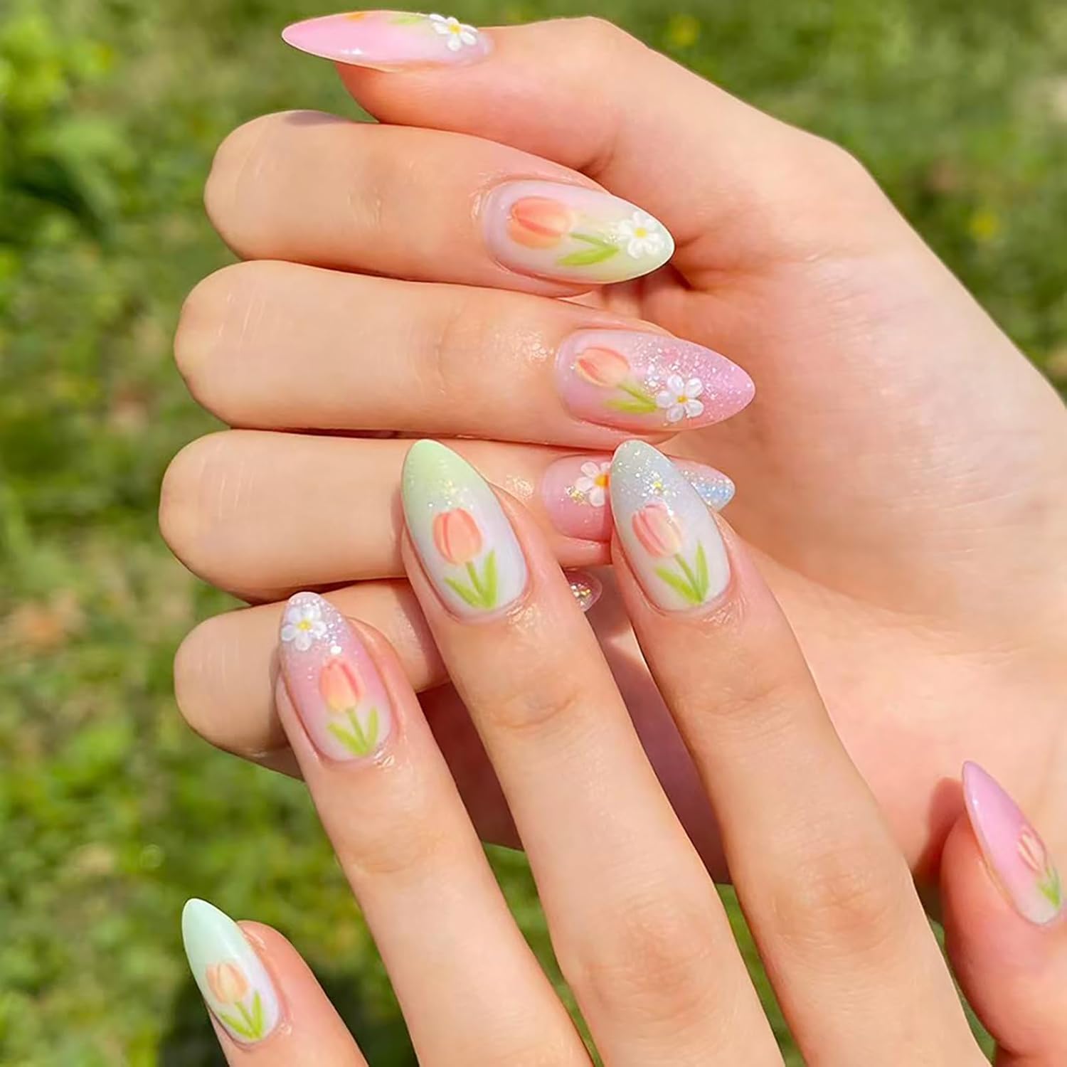 24Pcs Colorful Flower Press-On Nails - Short. Square. Fake. Spring-Summer Nail Art Set. Light Pink Acrylic. Full Cover Glossy False Nails for Women & Girls : Beauty & Personal Care