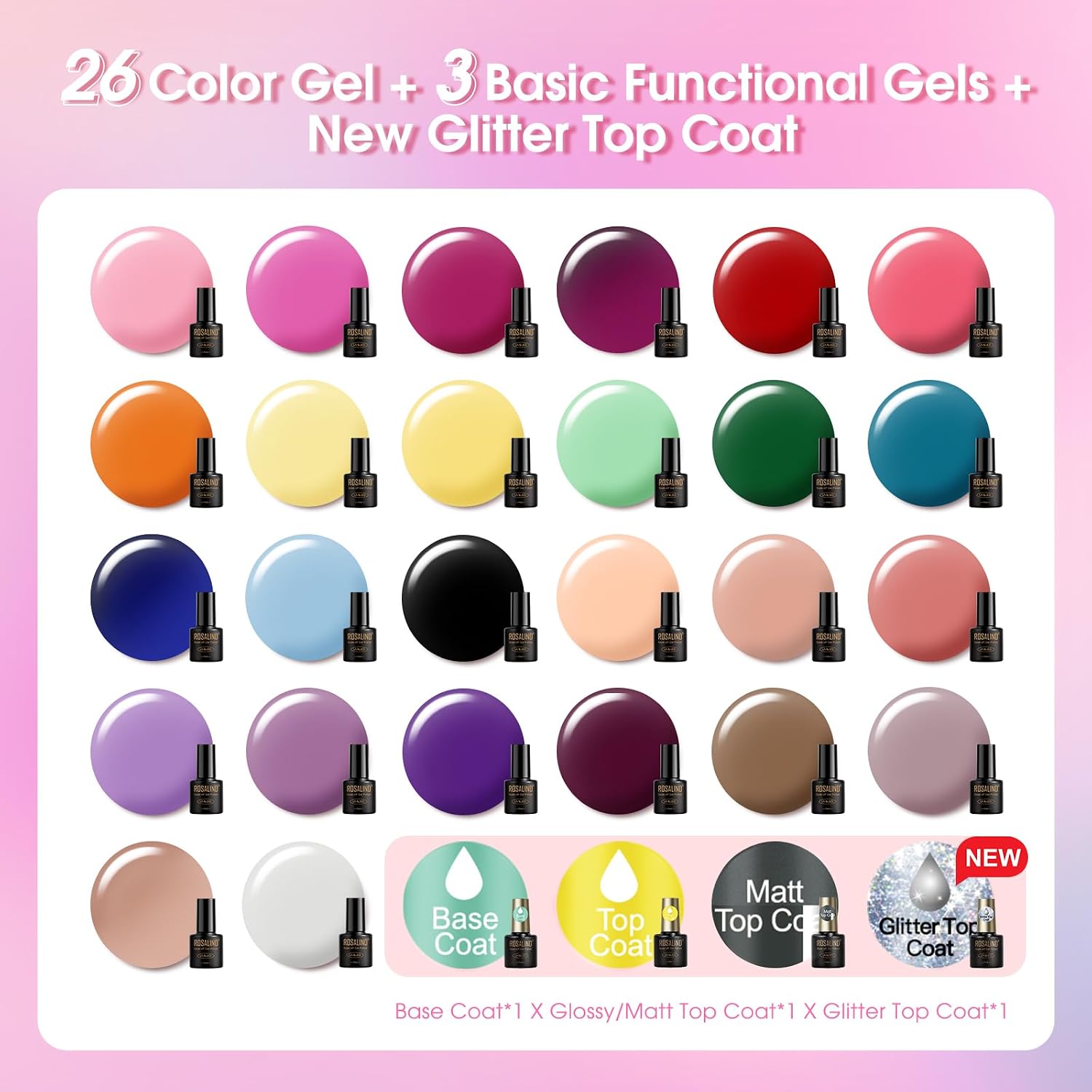 ROSALIND 30pcs Gel Nail Polish Set. 26 Colors Gel Polish with 3Pcs Glossy Matte Glitter Top Coat and Base Coat All Seasons Nude Blue Red Gel Nails art Kit DIY Salon at Home : Beauty & Personal Care