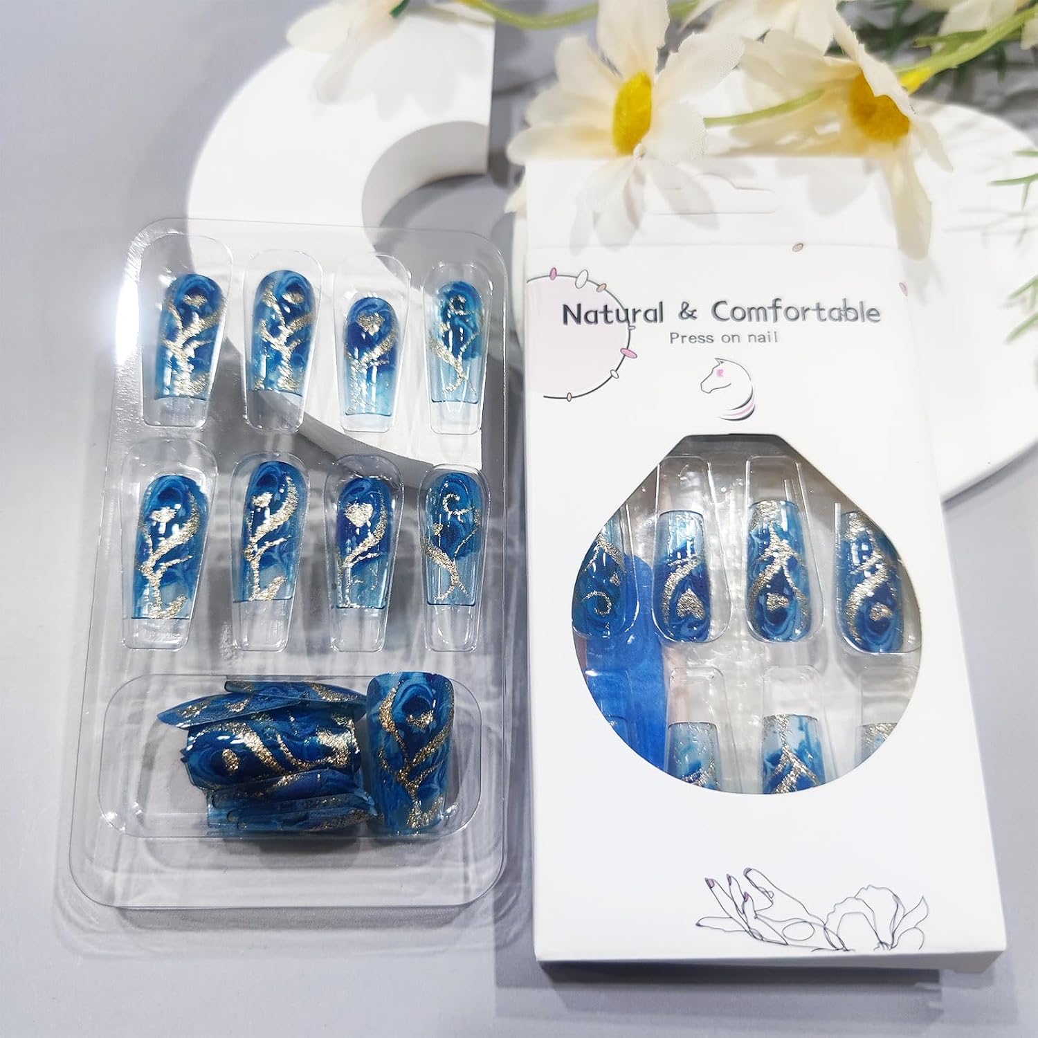 24Pcs Gold Curve Line Press on Nails Sea Acrylic Fake Nail Glossy Blue Gradient Medium Square False Nails Love Heart Stick on Fingernails Seaweed Gel Glue on Nail for Coquette Women Girls : Beauty & Personal Care