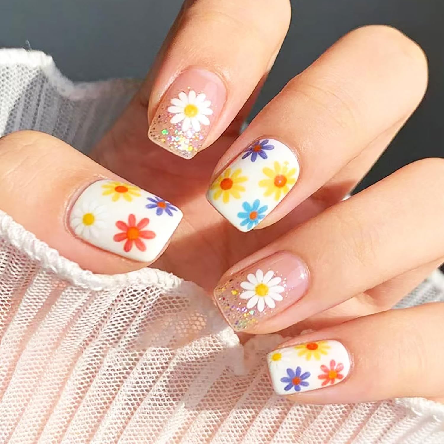 24Pcs Colorful Flower Press-On Nails - Short. Square. Fake. Spring-Summer Nail Art Set. Light Pink Acrylic. Full Cover Glossy False Nails for Women & Girls : Beauty & Personal Care