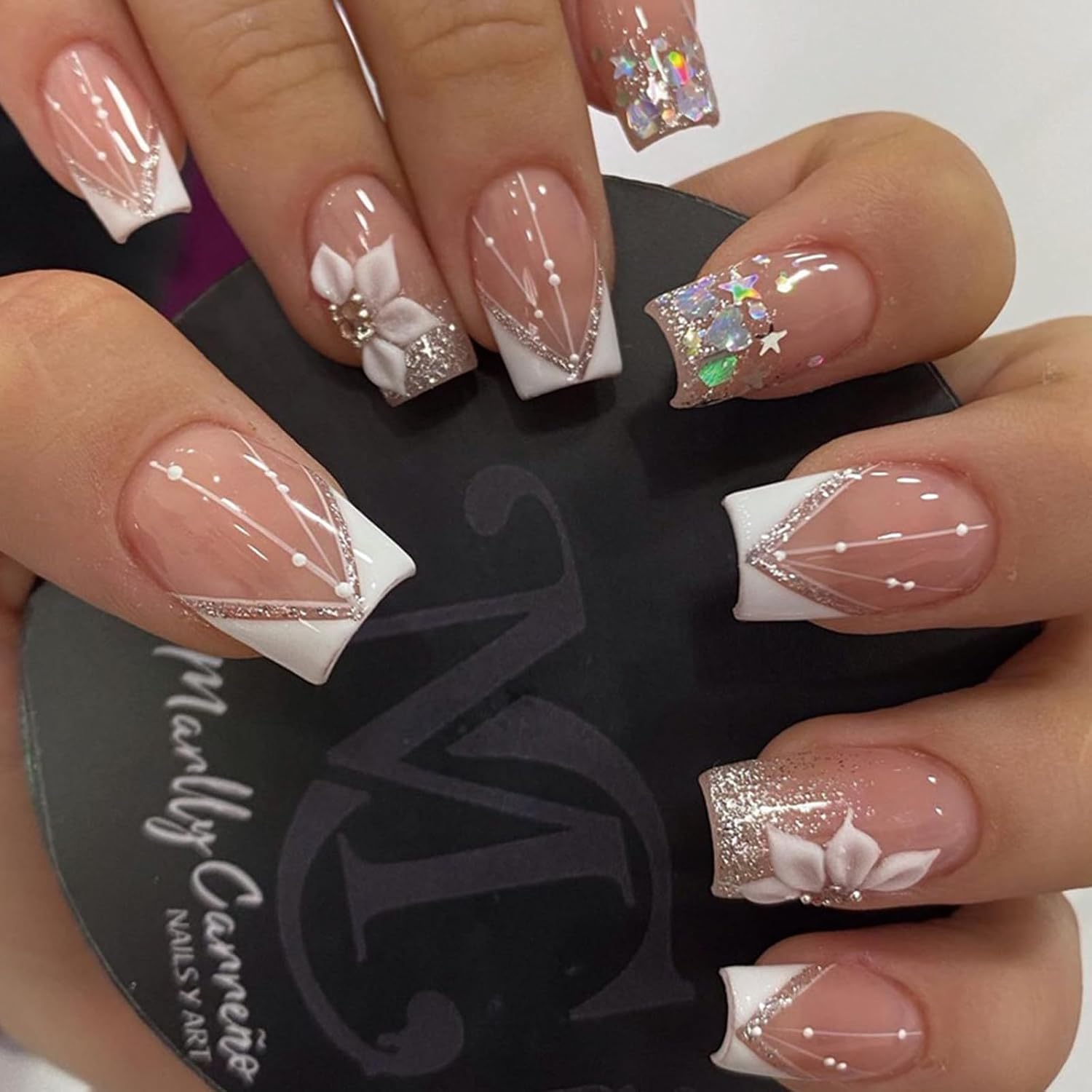YOSOMMK Press on Nails Short Square Fake Nails with Flower Designs Nude Pink Glossy Full Cover Stick on Nail Bling Sequins Acylic Nail for Women and Girls : Beauty & Personal Care