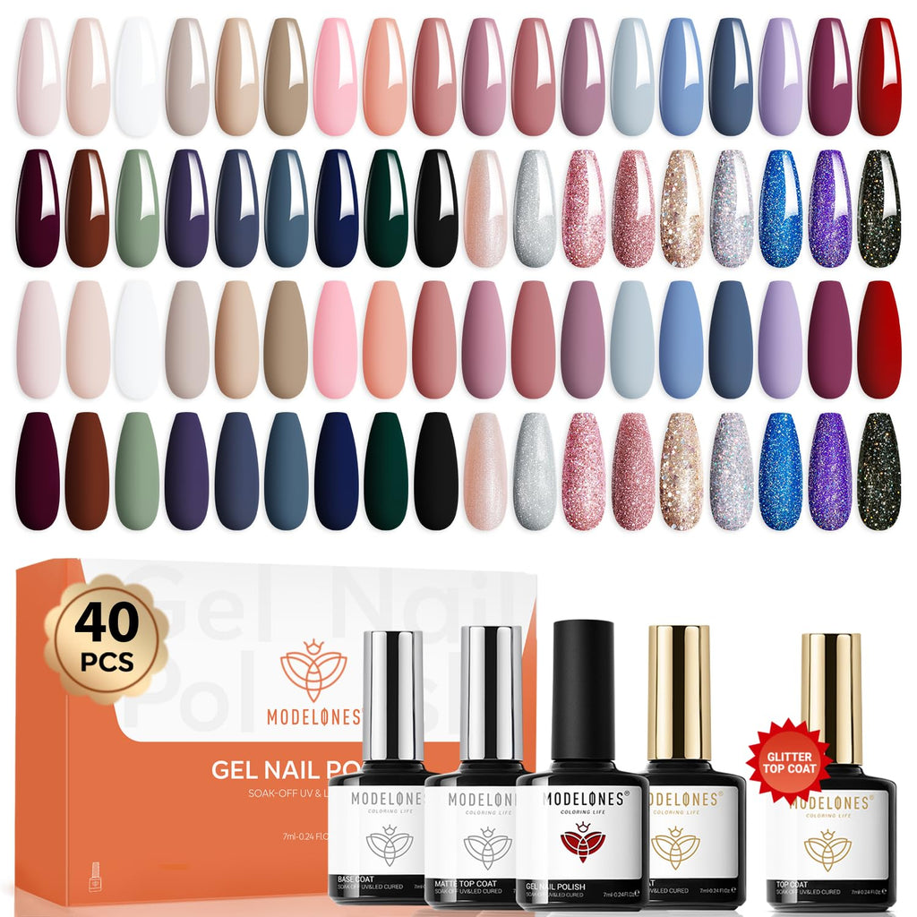 modelones 32 PCS Gel Nail Polish Set. 28 Colors Gel Polish with No Wipe Base Coat. Glitter & Glossy & Matte Top Coat Black Brown Red Purple Soak Off LED Nail Art Kit Salon at Home : Beauty & Personal Care