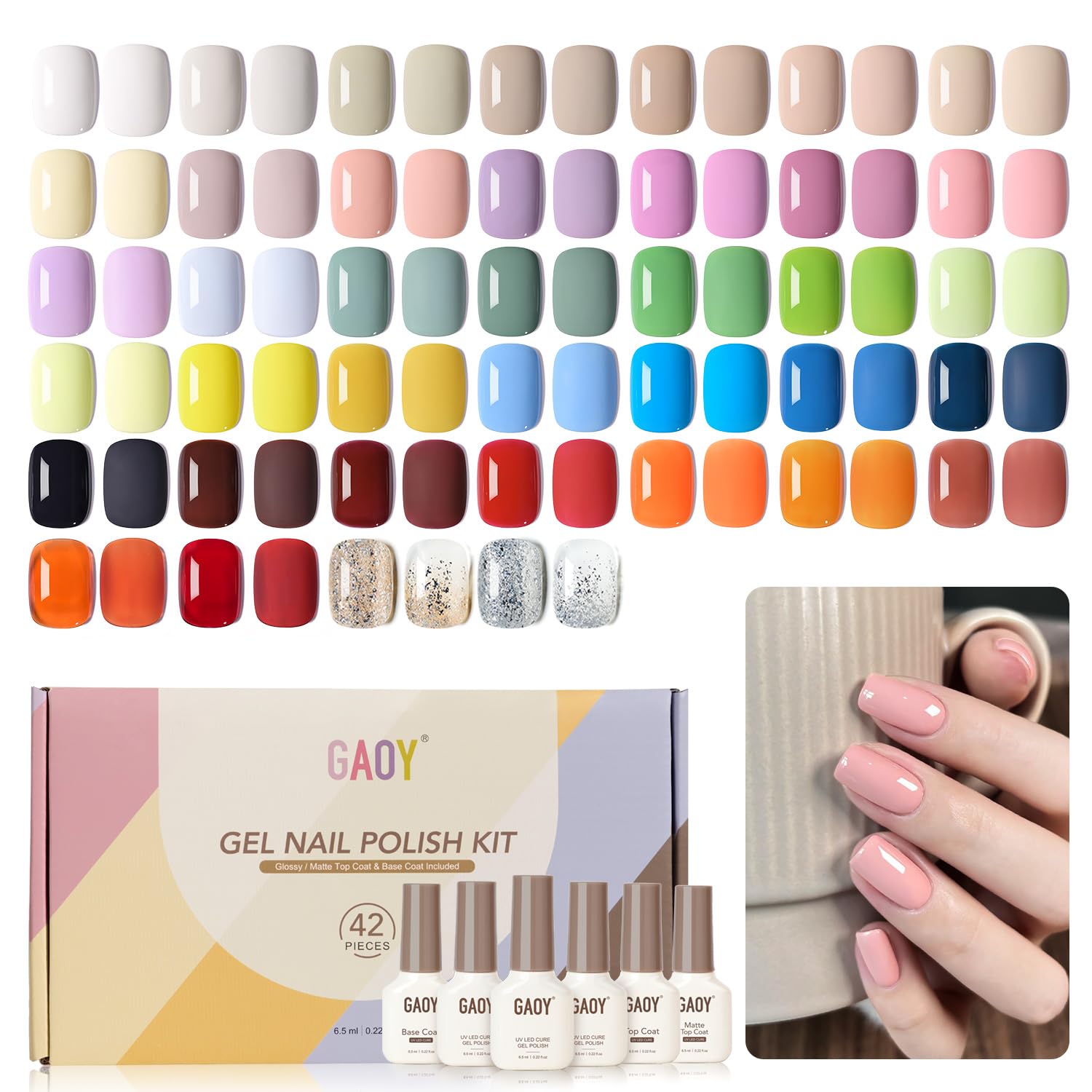 GAOY 42 Pcs Gel Nail Polish Kit. Pink White Red Jelly Nude Colors All Seasons Gel Nail Polish Set with Glossy & Matte Top Coat and Base Coat for DIY Manicure at Home : Beauty & Personal Care