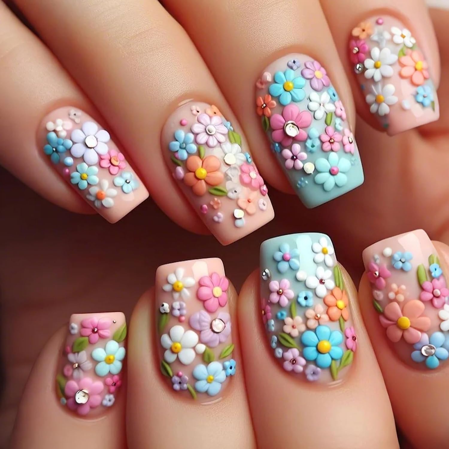 24Pcs Colorful Flower Press-On Nails - Short. Square. Fake. Spring-Summer Nail Art Set. Light Pink Acrylic. Full Cover Glossy False Nails for Women & Girls : Beauty & Personal Care