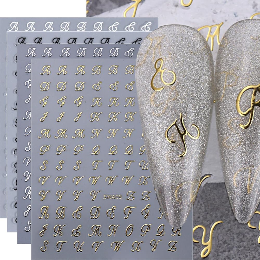Letter Nail Stickers. 8 Sheets Old English Letter Nail Decals 3D Self-Adhesive Gold Silver Black White Retro English Pattern Old Alphabet Cursive Design Manicure Nail Accessories for Women Girls : Beauty & Personal Care