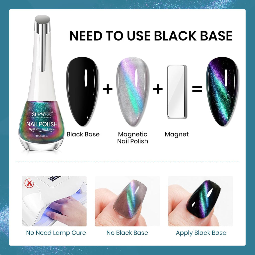 SUPWEE Cat Eye Nail Polish Non Gel with Magnet- Need to Use Black Base. Quick Dry Cateye Magnetic Nail Polish for Fingernail Air Drying Fast Lacquer Manicure Gift For Women Girls 16ml. 0.54fl oz : Beauty & Personal Care