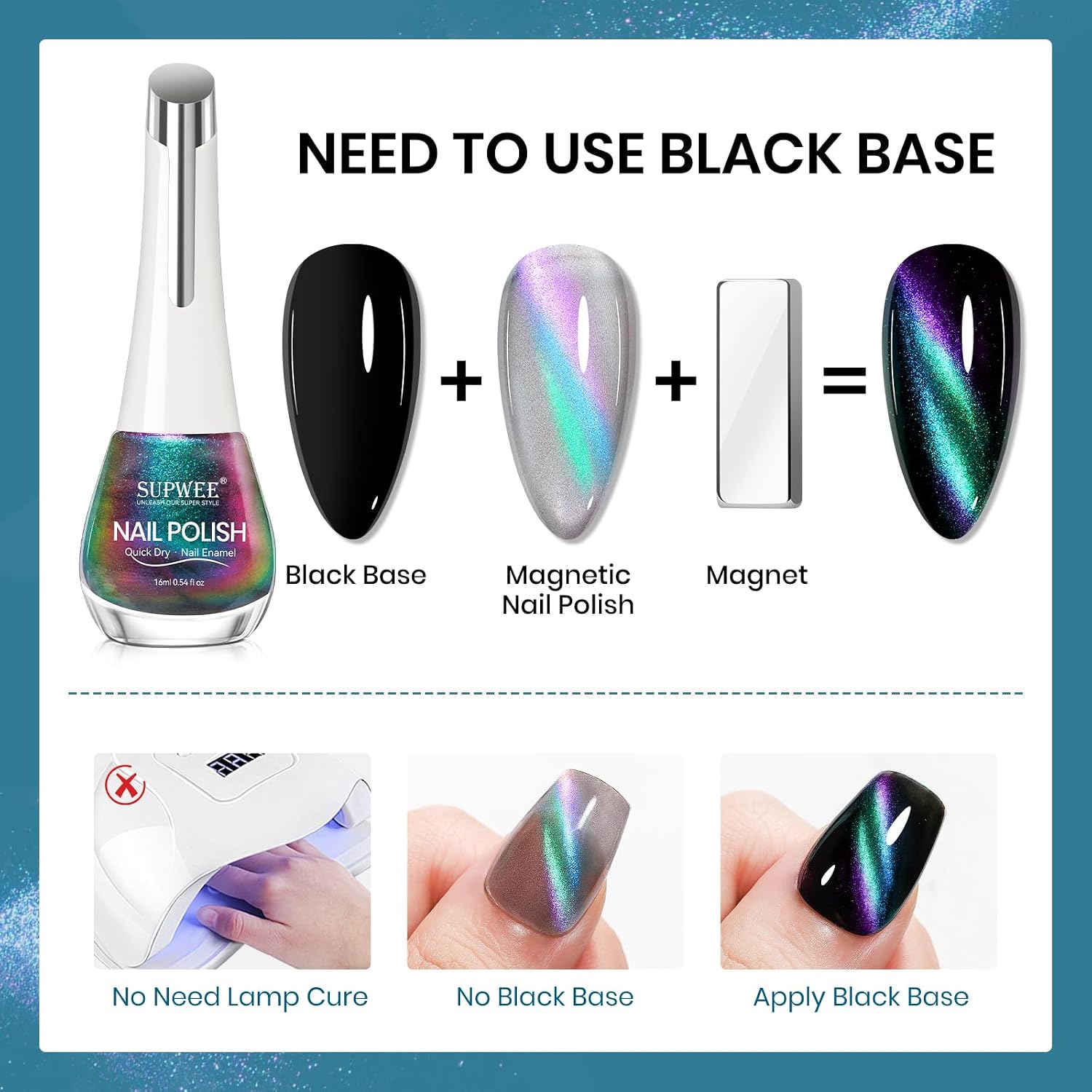 SUPWEE Cat Eye Nail Polish Non Gel with Magnet- Need to Use Black Base. Quick Dry Cateye Magnetic Nail Polish for Fingernail Air Drying Fast Lacquer Manicure Gift For Women Girls 16ml. 0.54fl oz : Beauty & Personal Care