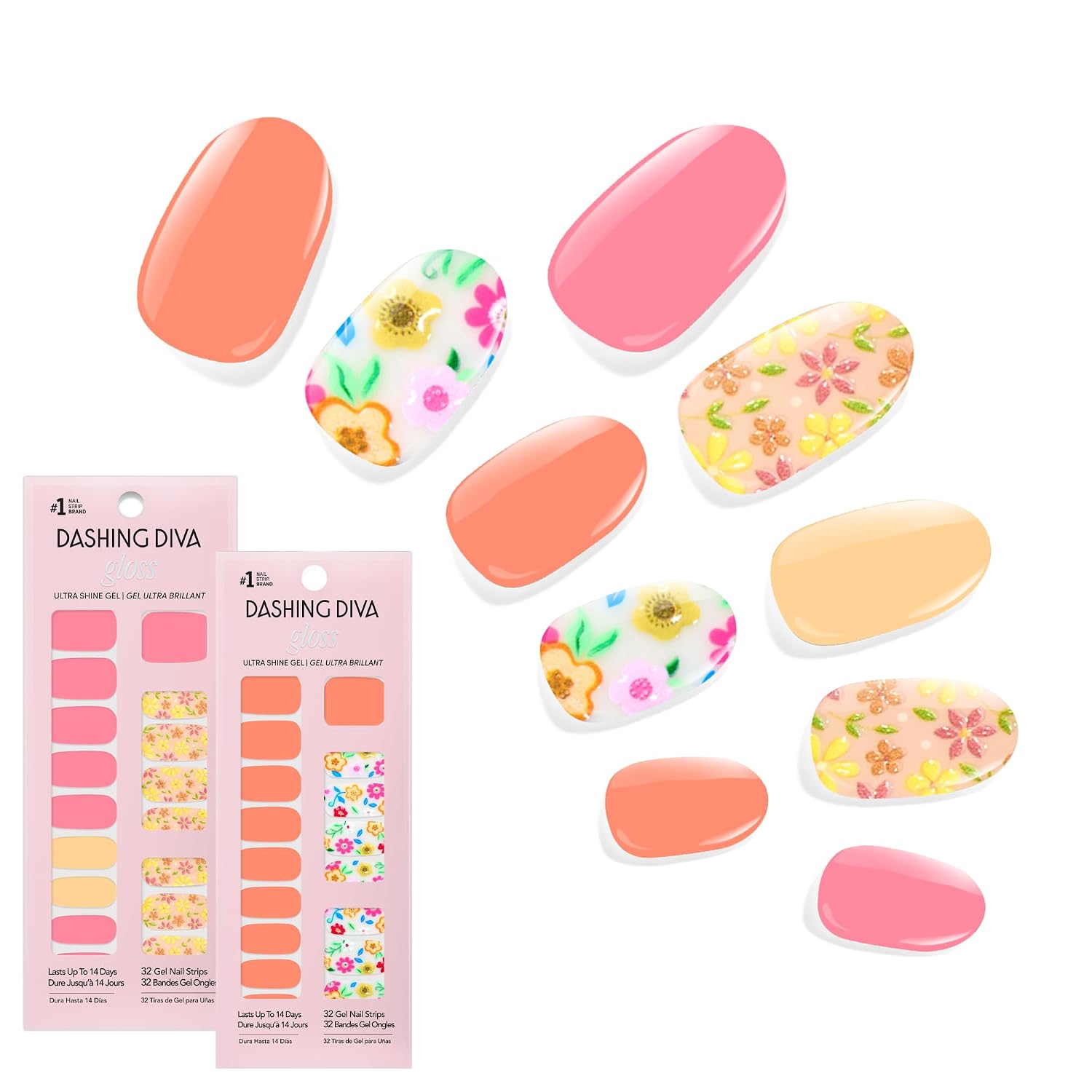 Dashing Diva Gloss Nail Strips Bundle - The Vivids Collection - Fruit Punch Petals & Papaya Breeze - UV Free. Chip Resistant. Long Lasting Gel Stickers - Contains 2 Sets : Beauty & Personal Care