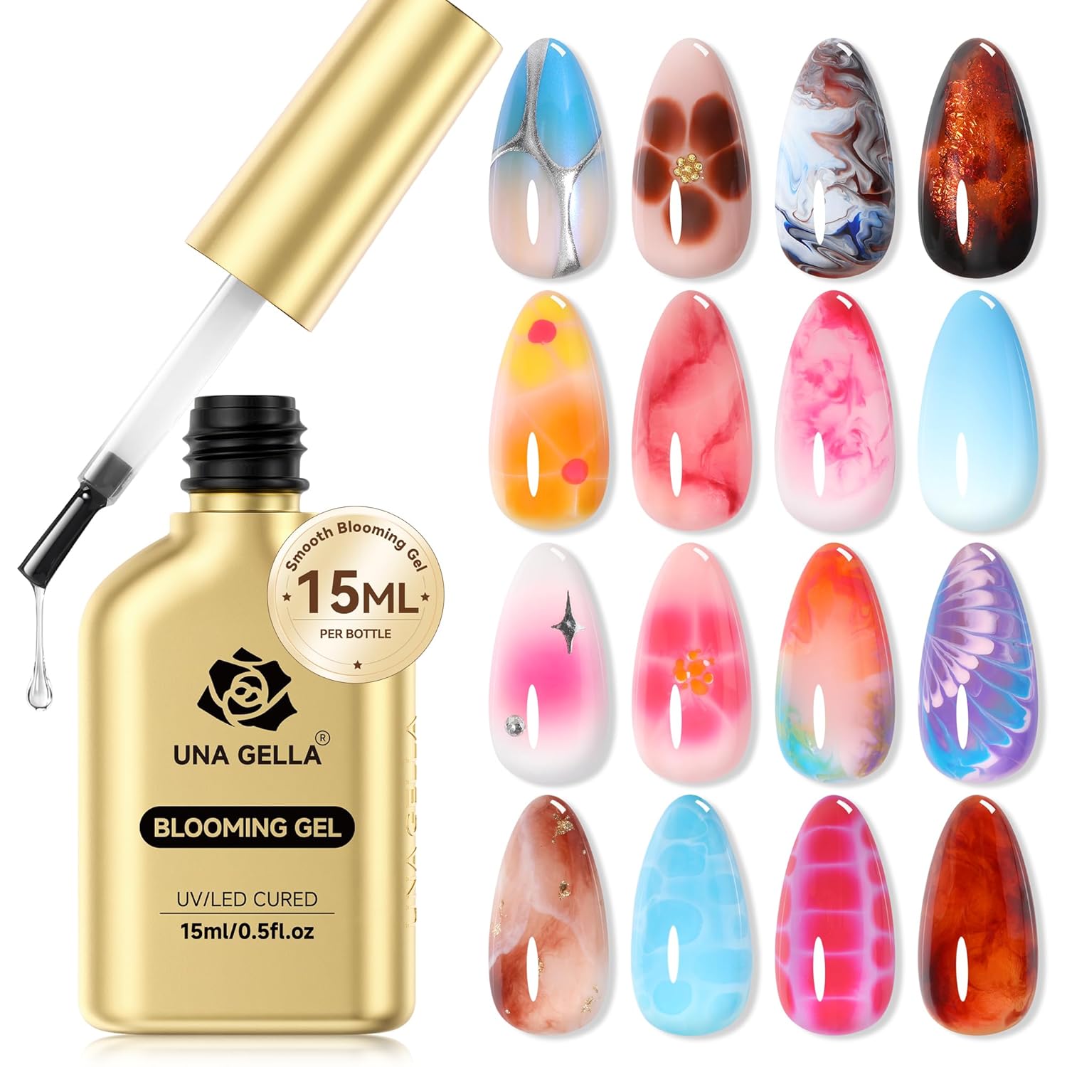 UNA GELLA Blooming Gel Nail Polish 15ml Super Clear for Spreading Effect U V/LED Needed Nail Blooming Gel for Marble Natural Stone Floral Print Watercolor Effect Design Soak Off Home DIY Salon : Beauty & Personal Care