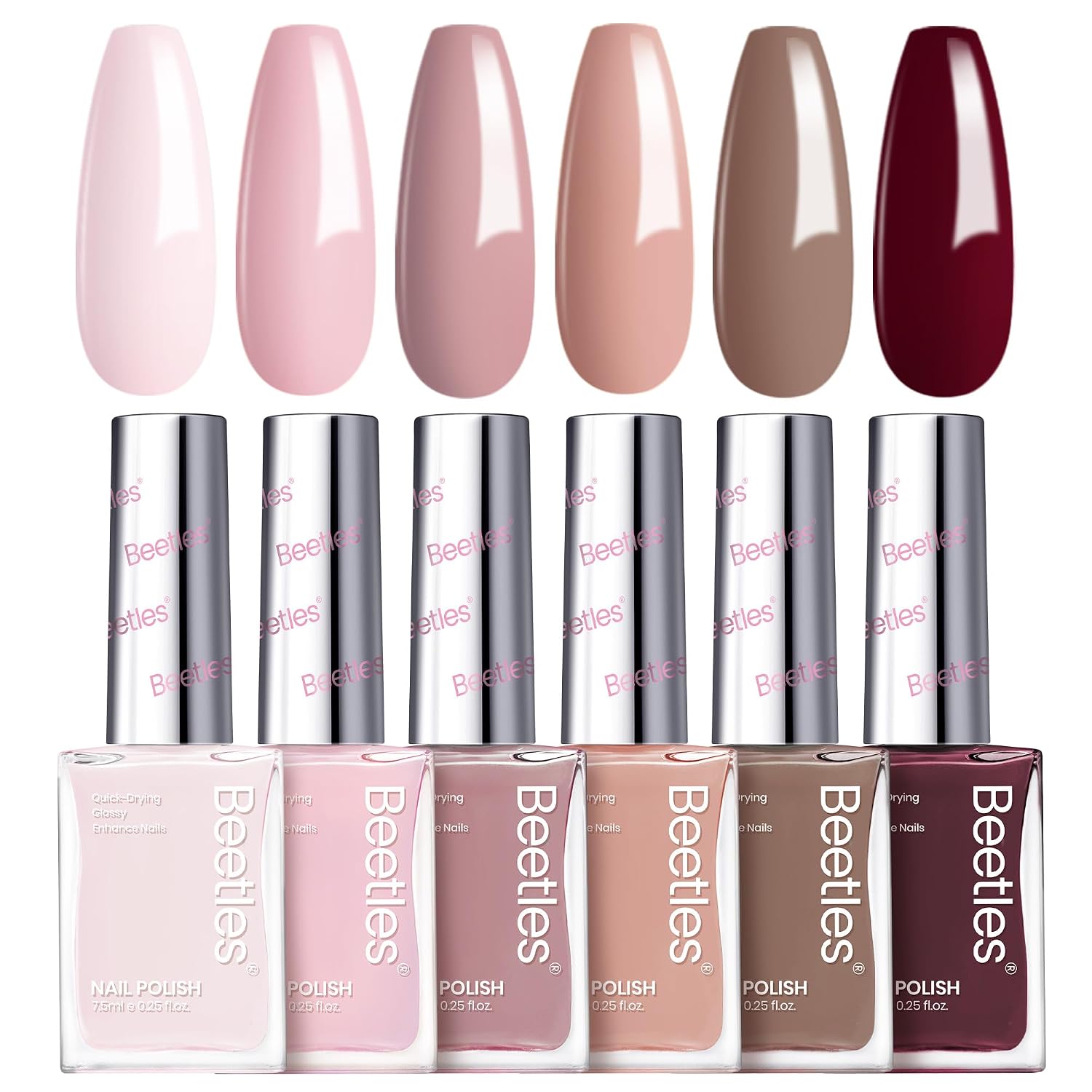 Beetles Nude Nail Polish Set Coconut Mousse 6Pcs. Pink Nail Fast Drying Long Lasting Neutral Brown Red Burgundy Dark Lacquer Glossy for Salon-Quality Results : Beauty & Personal Care