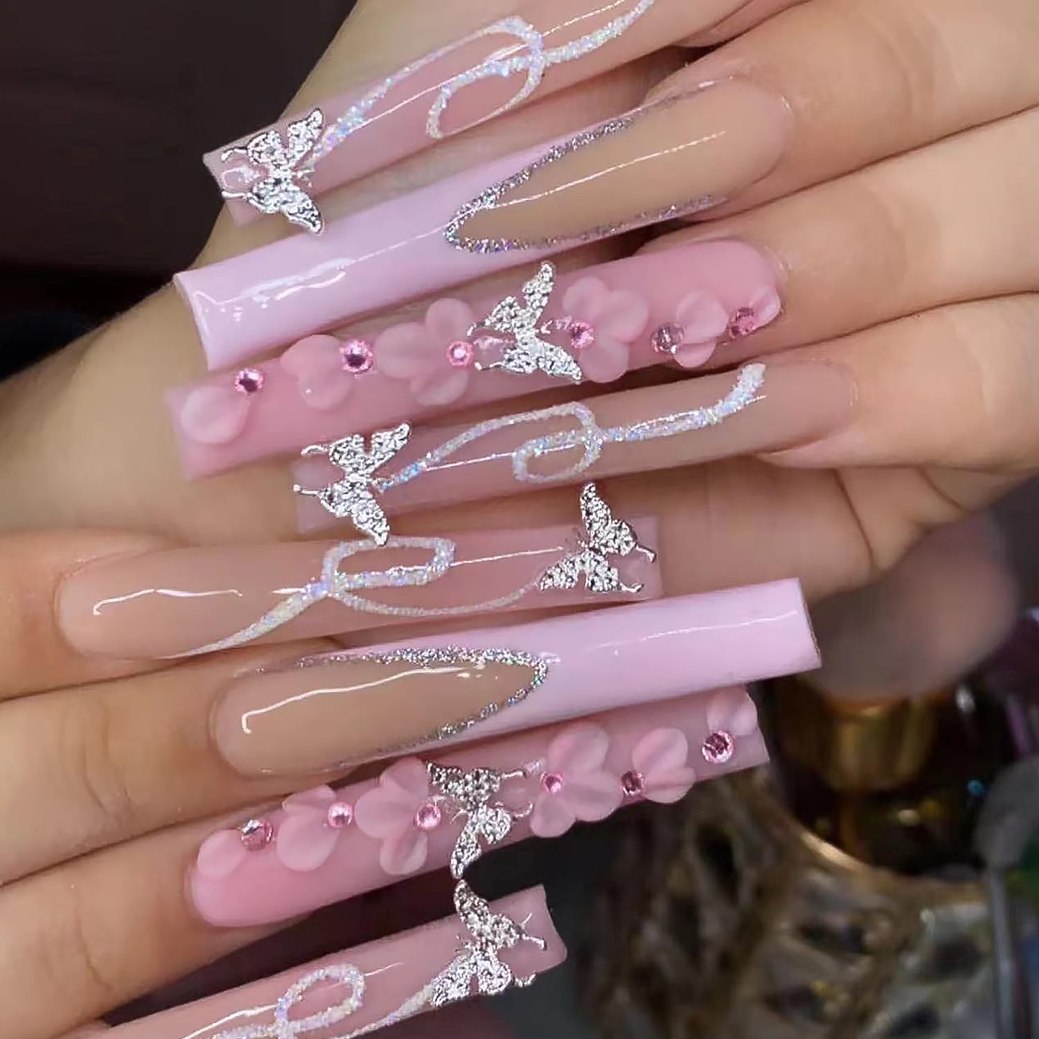 DZPGUONIZ 24pcs Short Square Press on Nails French Tip Fake Nails White Flower with Star Design Glitter False Nails Luxury Nail Charms Crafts White Stripes Glue on Nails for Women Manicure Tips : Beauty & Personal Care