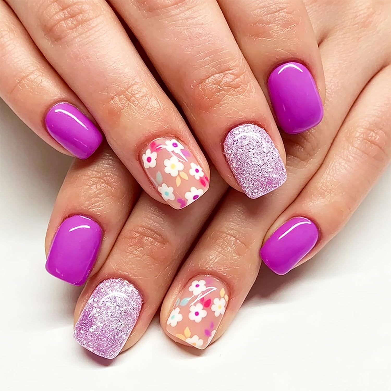 24Pcs Colorful Flower Press-On Nails - Short. Square. Fake. Spring-Summer Nail Art Set. Light Pink Acrylic. Full Cover Glossy False Nails for Women & Girls : Beauty & Personal Care
