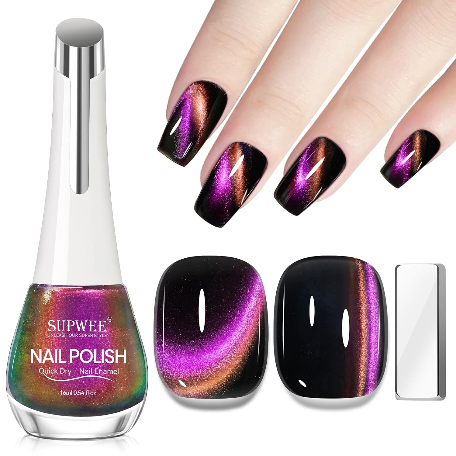 SUPWEE Cat Eye Nail Polish Non Gel with Magnet- Need to Use Black Base. Quick Dry Cateye Magnetic Nail Polish for Fingernail Air Drying Fast Lacquer Manicure Gift For Women Girls 16ml. 0.54fl oz : Beauty & Personal Care