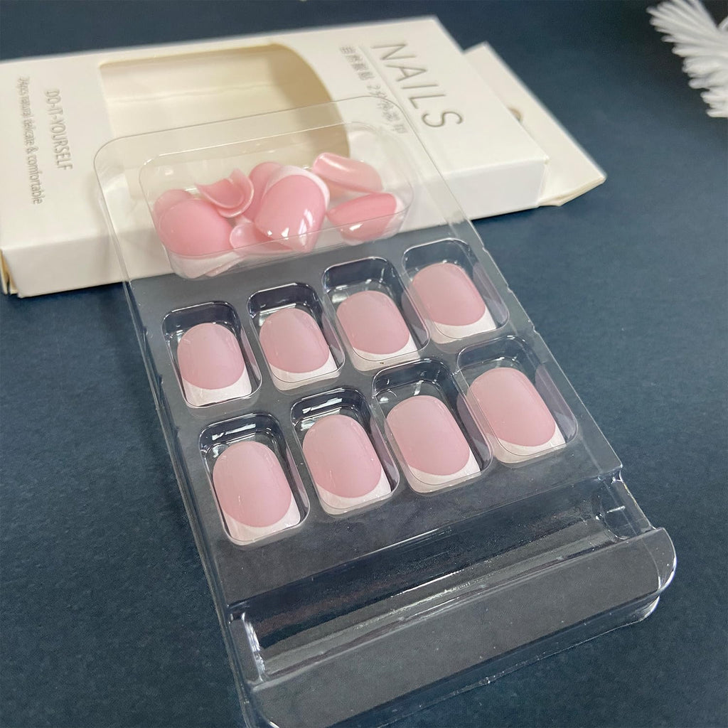 White French Tip Press on Nails Short Square Fake Nails Glossy Pink False Nails with Glue on Nails Reusable Full Cover Stick on Nails Acrylic Artificial Nails for Women DIY Nails Art Decoration : Beauty & Personal Care