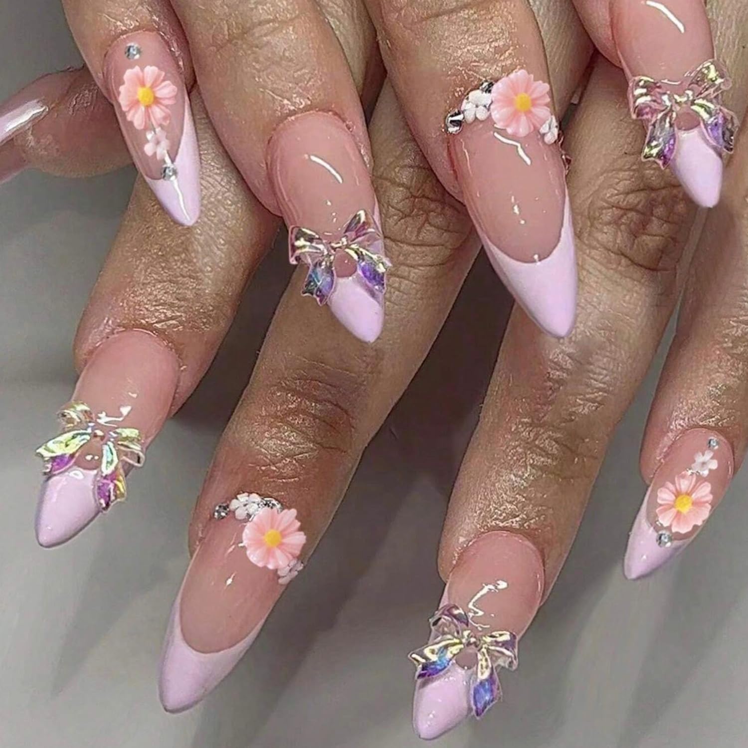 YKZFUI French Tip Press on Nails with Charms. Medium. Cute Bow. Long Square Shape. Acrylic Fake Stick On Nails with Heart and Rhinestones for Women Daily Wear. White : Beauty & Personal Care