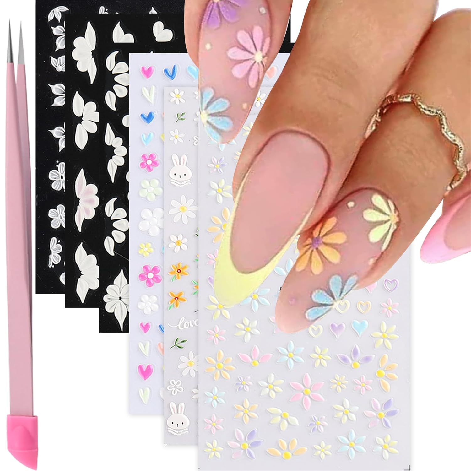 VOTACOS Flower Nail Art Stickers - 5D Embossed. Spring/Summer Daisy Designs. Self-Adhesive Decals for Women's Nail DIY Decoration : Beauty & Personal Care