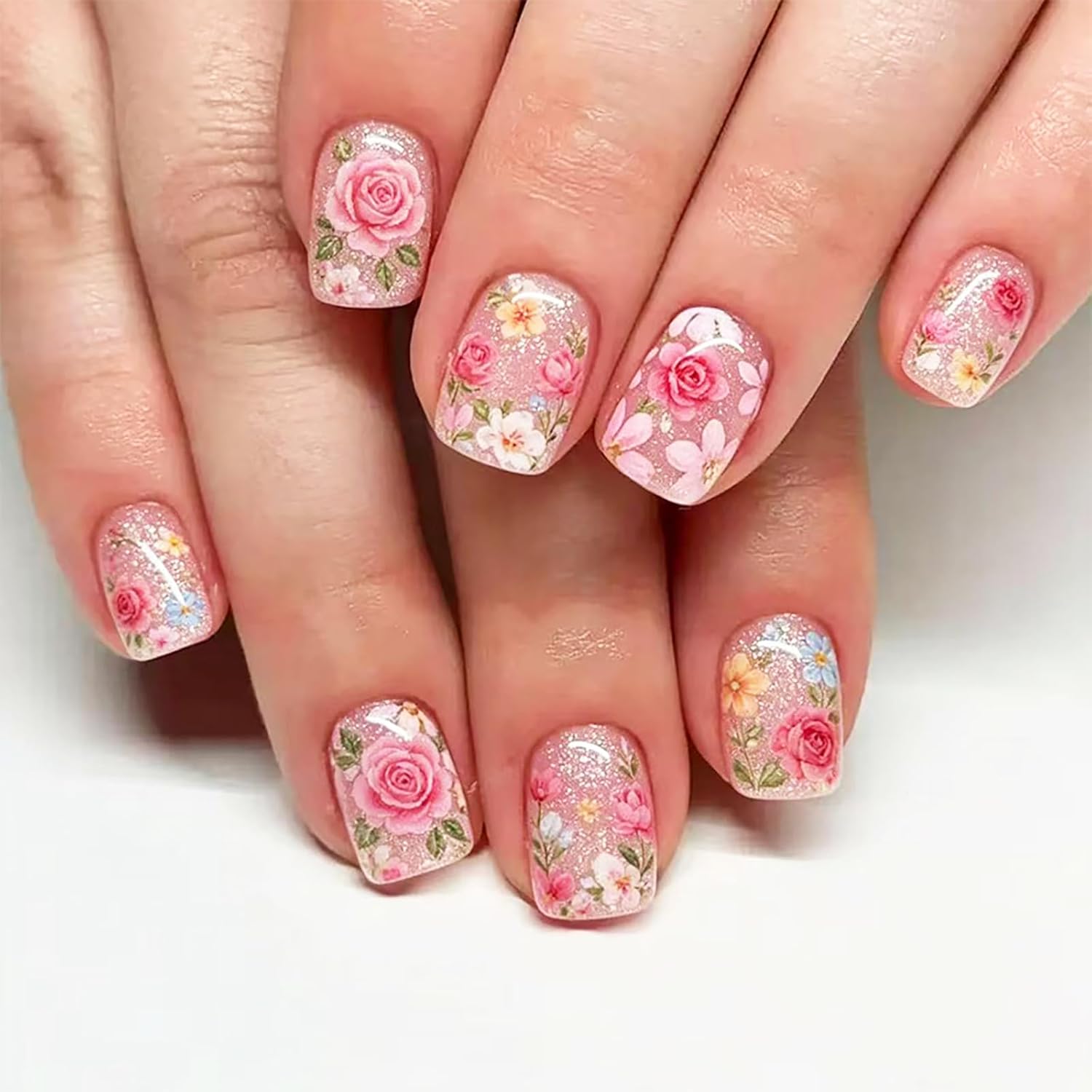 24Pcs Colorful Flower Press-On Nails - Short. Square. Fake. Spring-Summer Nail Art Set. Light Pink Acrylic. Full Cover Glossy False Nails for Women & Girls : Beauty & Personal Care