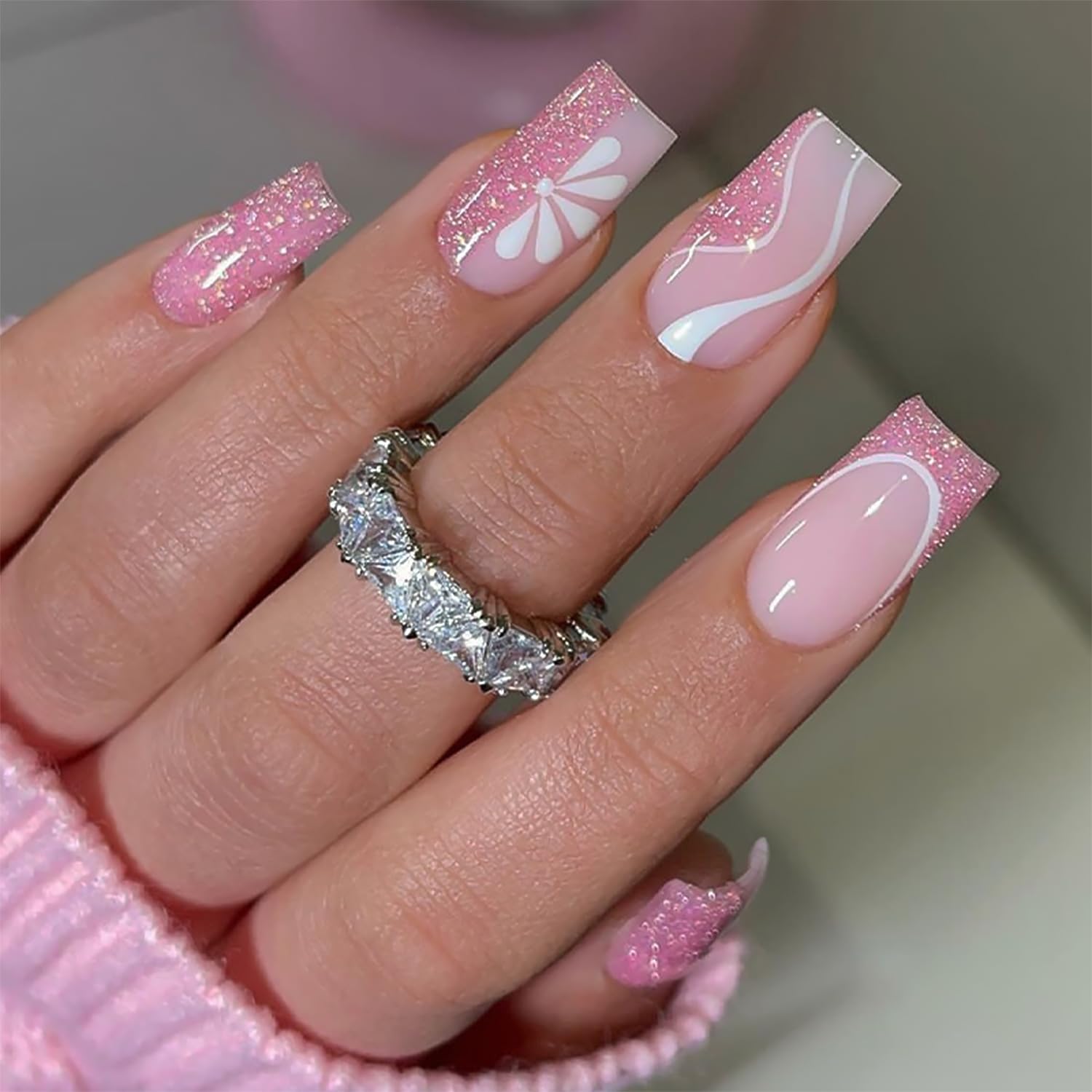 DZPGUONIZ 24pcs Short Square Press on Nails French Tip Fake Nails White Flower with Star Design Glitter False Nails Luxury Nail Charms Crafts White Stripes Glue on Nails for Women Manicure Tips : Beauty & Personal Care
