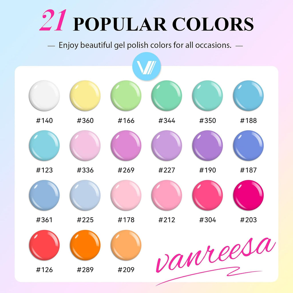 VANREESA 24 Pcs Pastel Gel Nail Polish Set. 21 Colors Spring & Summer Gel Polish with Base Coat Glossy & Matte Top Coat Yellow Green Blue Pink Purple Orange Gel Polish Kit Nail Kit Gifts for Women : Beauty & Personal Care