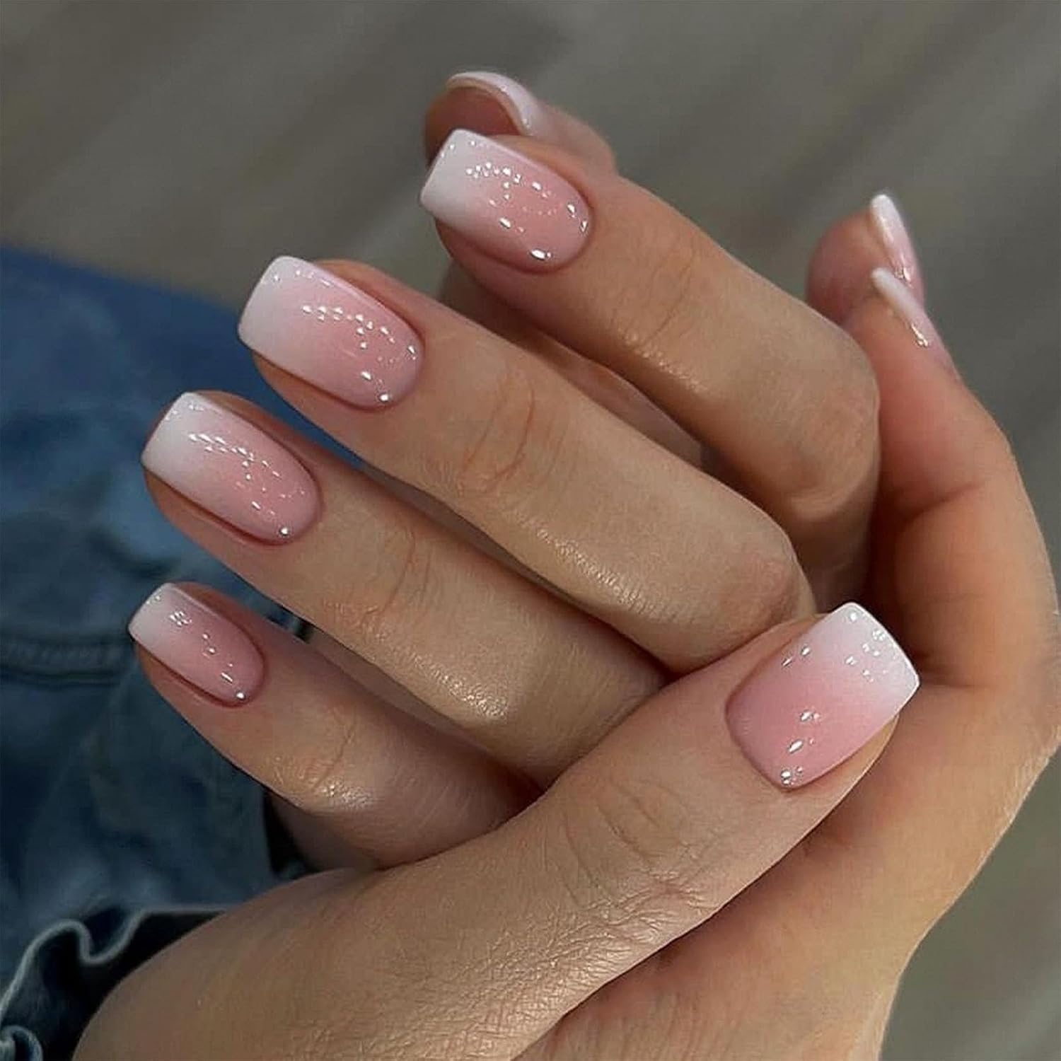 Square Press on Nails Short Sea Blue Fake Nails Glossy Acrylic Nails Press ons Full Cover False Nails with Golden Glitter Designs Glue Stick on Nails for Women Girls 24 Pcs : Beauty & Personal Care