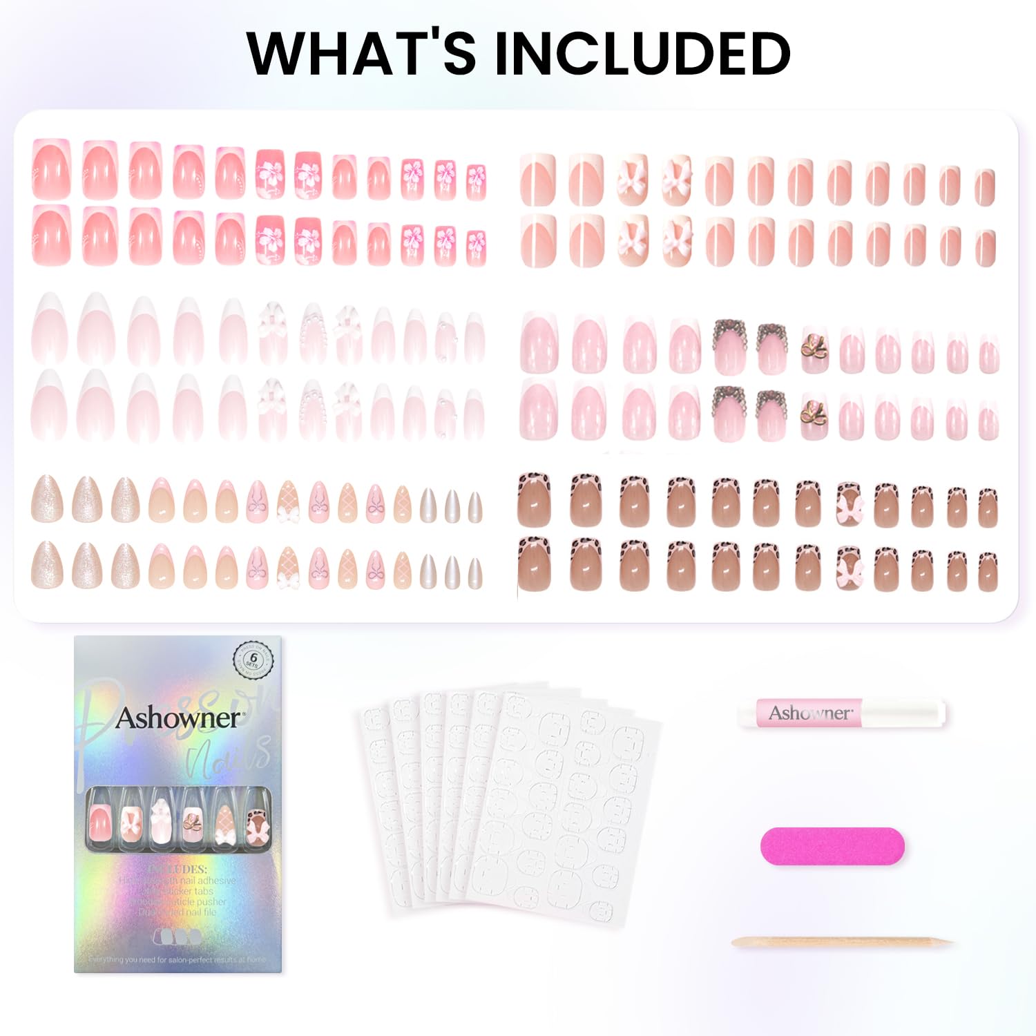 6 Packs (144 Pcs) | Reusable Press on Nails | Stick on Nails 12 Sizes-6 Styles | Cute Bow Nails : Beauty & Personal Care