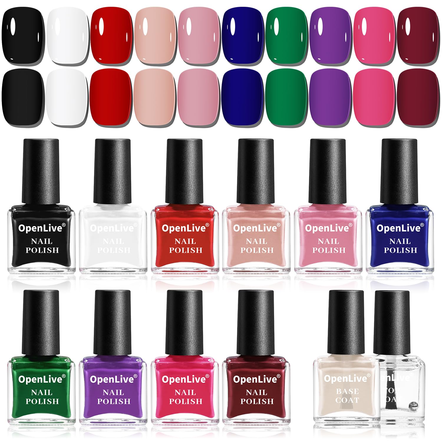OpenLive 12 PCS Nail Polish Set With 10 Colour Combo. 2 PCS Base And Top Coat.Fast Drying Nail Polish For Home DIY And Beginners : Beauty & Personal Care