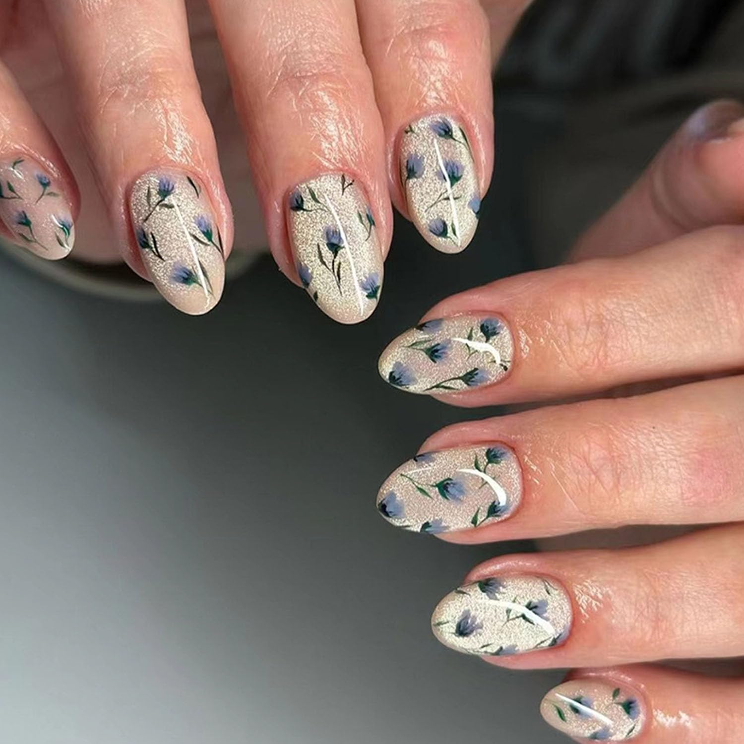 Short Press On Almond Fake Nails - Flower Acrylic Fall Nails Press Ons Full Cover Glue On Cute False Floral Stick On Nails for Women - 30 Pcs : Beauty & Personal Care