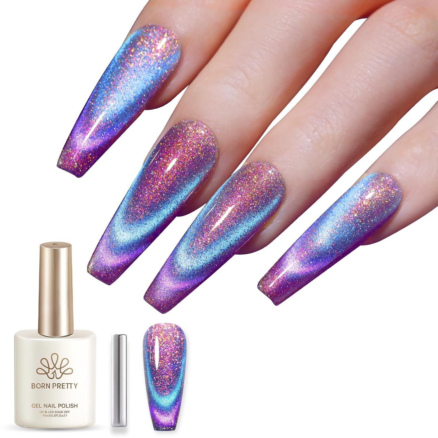 Born Pretty 9D Cat Magnetic Eye Gel Nail Polish Holographic Rainbow Gel Polish Blue Purple Soak Off U V LED Gel Polish Nail Art Design Manicure Salon DIY Home 15ML : Beauty & Personal Care